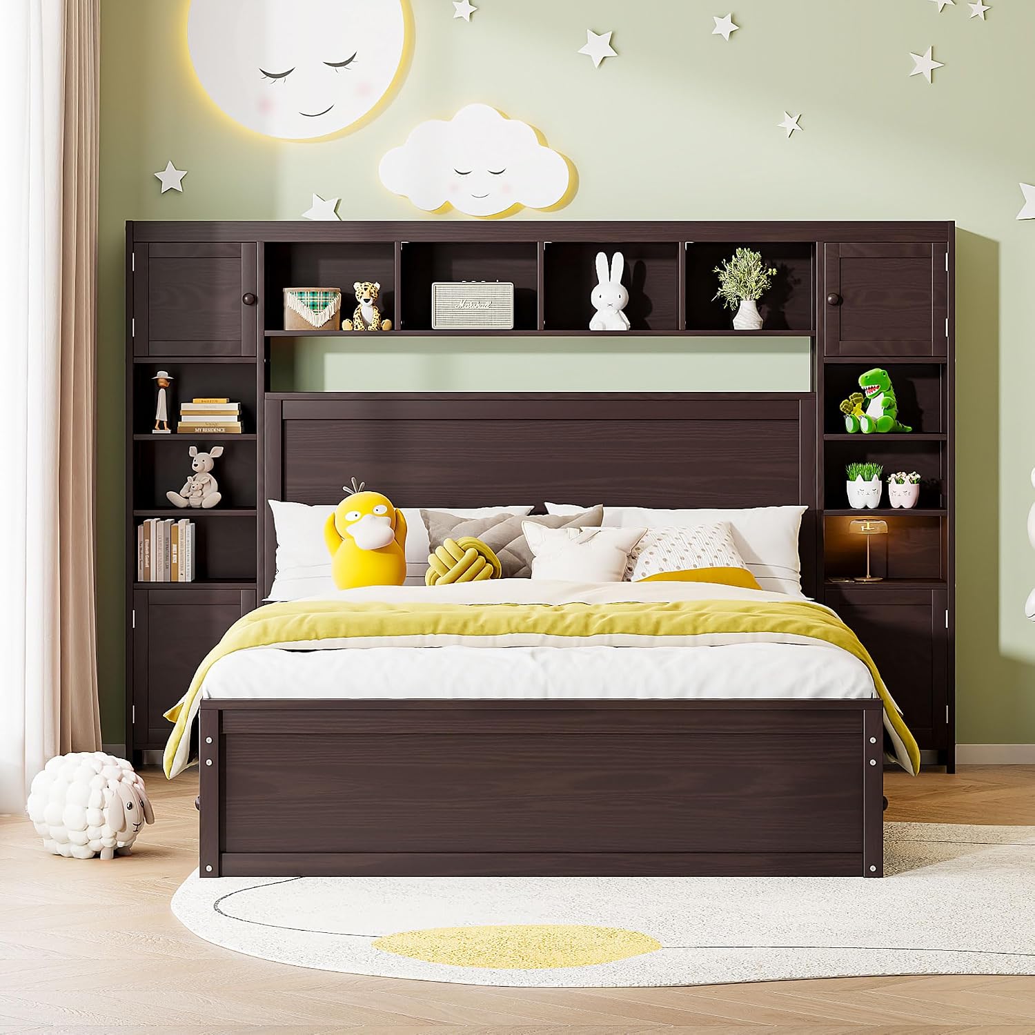MERITLINE Queen Platform Bed with Storage Headboard,Drawers and Charging Station,Solid Wood Queen Bed Frame with Storage Cabinet and Shelves for Adults (Espresso)