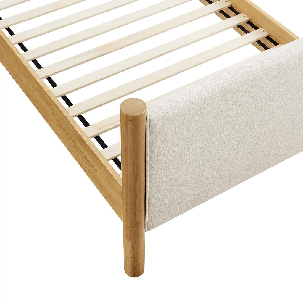 Modway Maven Twin Size Bed Frame in Ivory Oak with Upholstered Fabric Headboard and Footboard – Wood Twin Platform Bed Frame – No Box Spring Needed