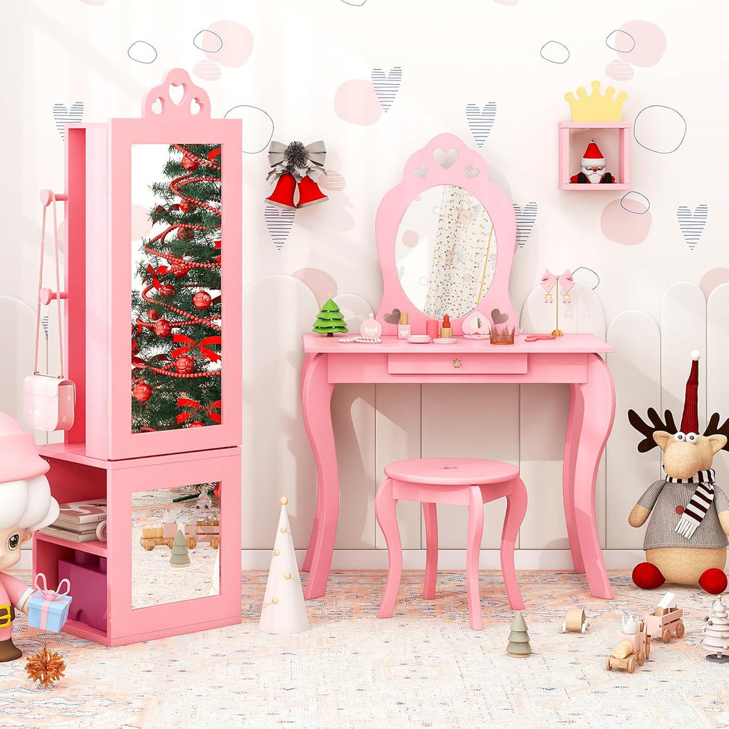 Costzon Kids Vanity & Jewelry Armoire Cabinet, Wooden Vanity Table and Chair Set, Standing Jewelry Organizer with Full-Length Mirror, Large Storage, Kids Bedroom Furniture Set for Girls (Pink)