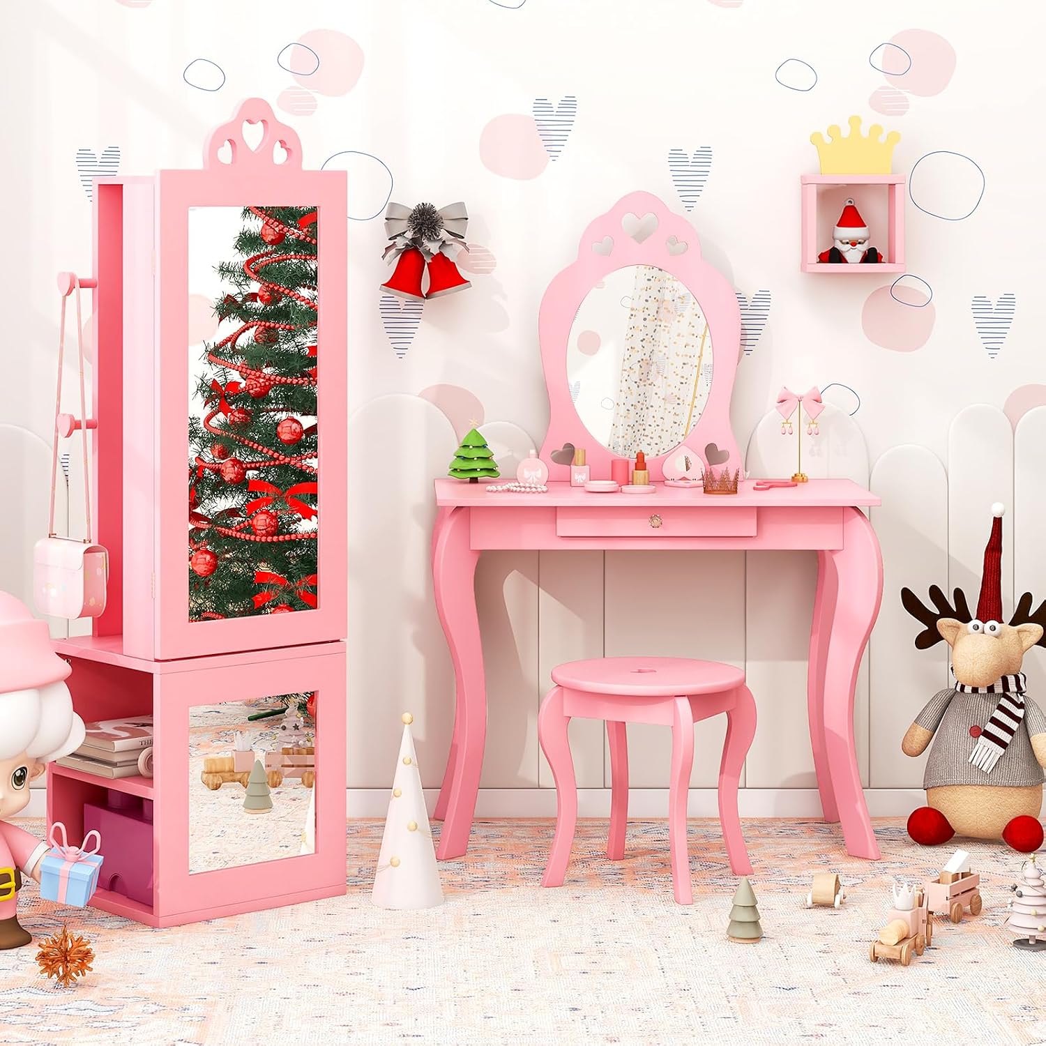 Costzon Kids Vanity & Jewelry Armoire Cabinet, Wooden Vanity Table and Chair Set, Standing Jewelry Organizer with Full-Length Mirror, Large Storage, Kids Bedroom Furniture Set for Girls (Pink)