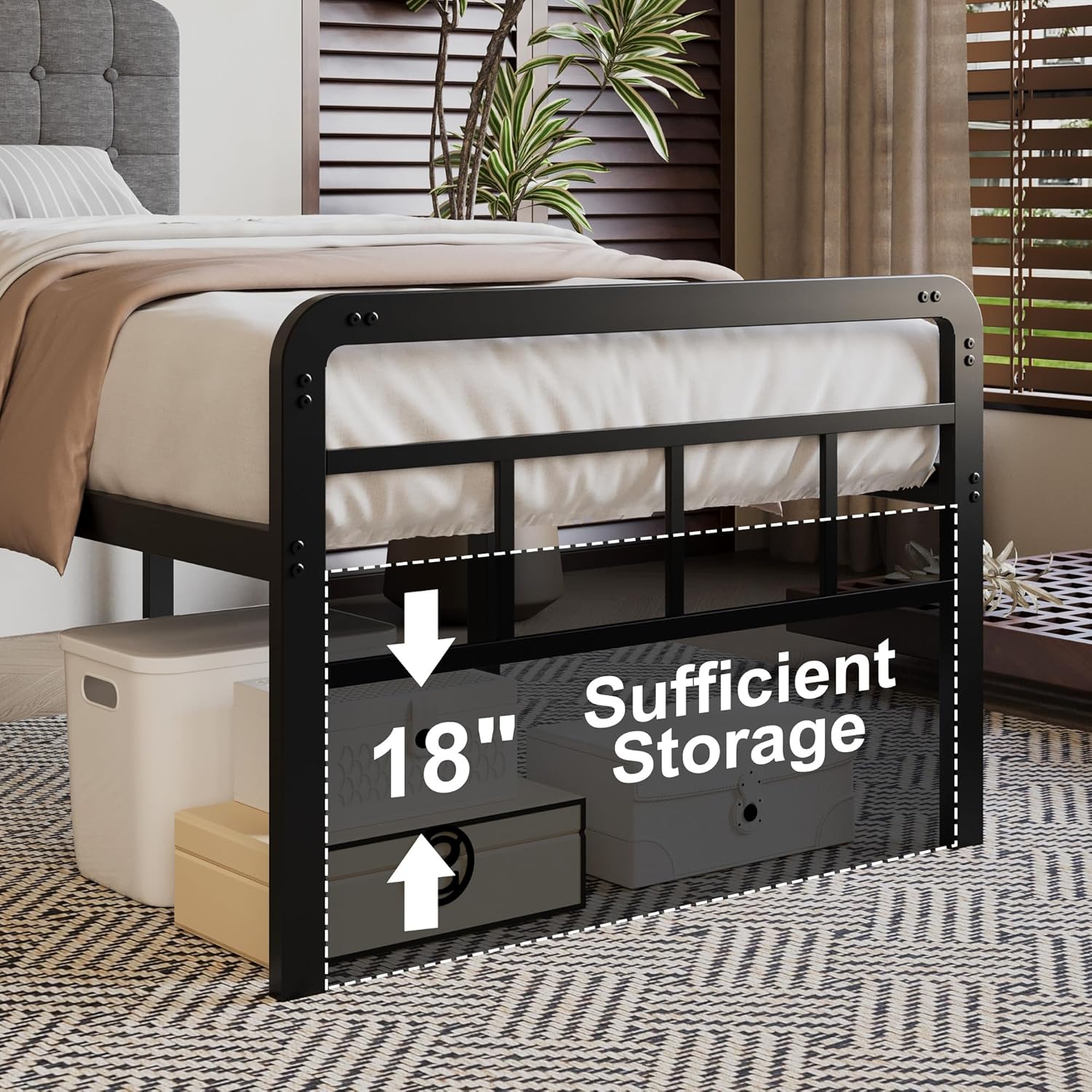 18 Inch Twin XL Bed Frame with Upholstered Headboard and Footboard, Heavy Duty Metal Slats, with Under Bed Storage, No Noise, No Box Spring Needed, Easy Assembly, Black