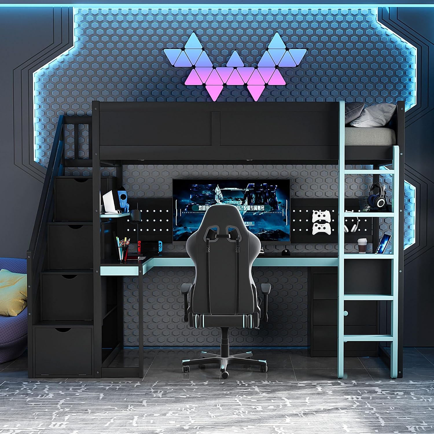 Ball & Cast Gaming Twin Size Loft Bed with Storage Stairs,Wood Gamer Loft Bed Frame W/Desk,Shelves and Pegboard,High Loft Bed W/Full-Length Guardrail,Bedroom Furniture for Student Dorms,Black+Blue