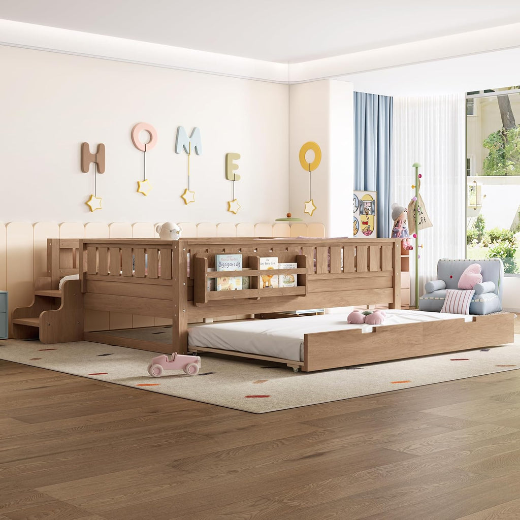 Bellemave Full Bed with Trundle and Stairs, Full Size Platform Bed Frame with Fence and Bookshelf, Easy Assemble Beds for Kids, Girls, Boys, Natural
