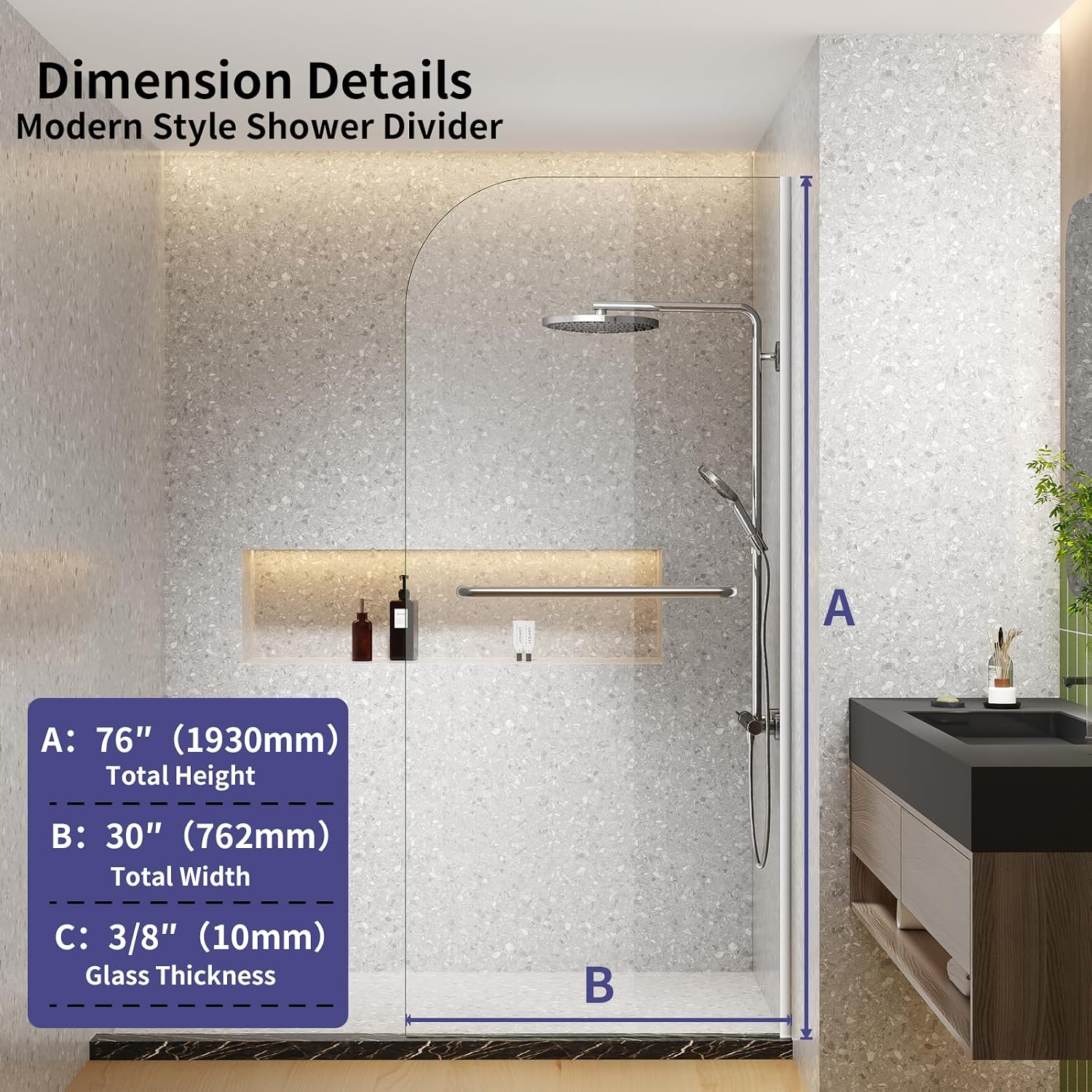 Dimaris Frameless Shower Door, 30W x 76H inches, 5/16 inch Clear Tempered Glass Panel, Chrome, Shower Screen, Walk in Shower, Nano Coating