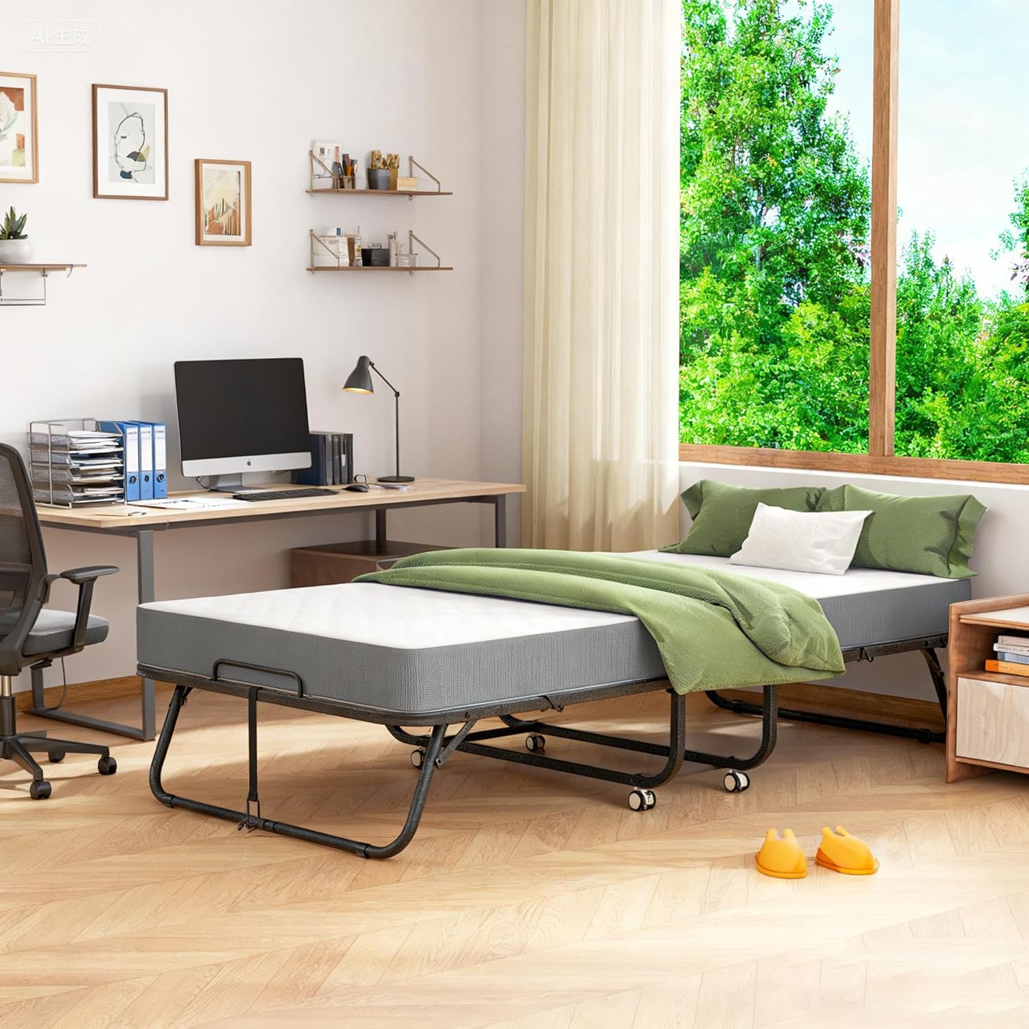Pataku Folding Bed with Mattress, Twin Foldable Bed, Roll Away Beds for Adults, 75' x 38' Roll Away Portable Beds with 5' Mattress, Folded Frame for Small Apartment, Guest Room