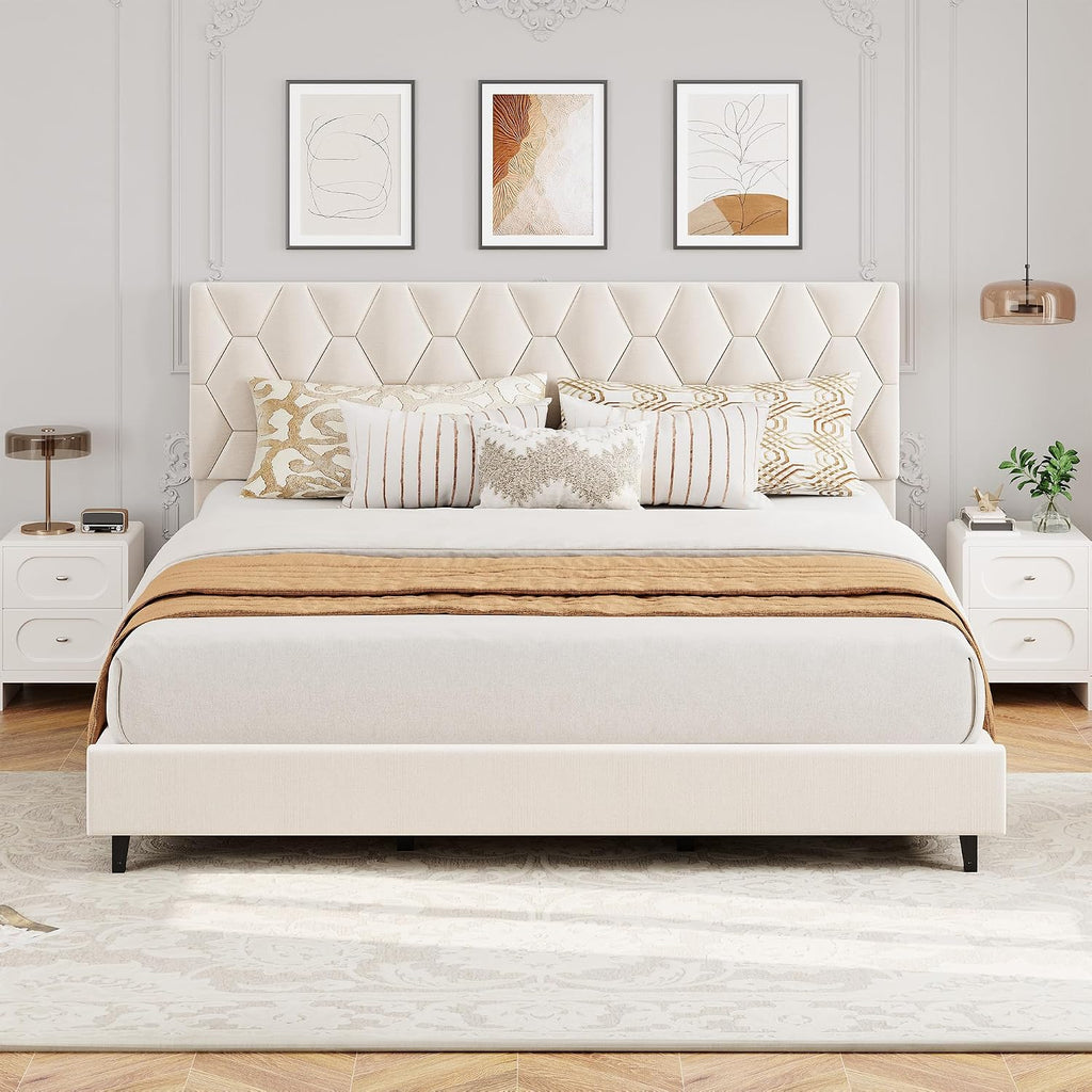 GAOMON Beige King Bed Frame with Upholstered Headboard, Heavy-Duty Platform Bed Frame with Strong Wood Slats, No Box Spring Needed/Noise Free/Easy Assembly