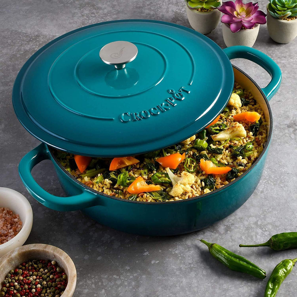 5 Quart Enameled Cast Iron Braiser Pan with Self-Basting Lid – Round Dutch Oven Casserole Dish for Roasting, Simmering & Baking – Oven Safe with Large Handles for Easy Lifting (Teal Ombre)