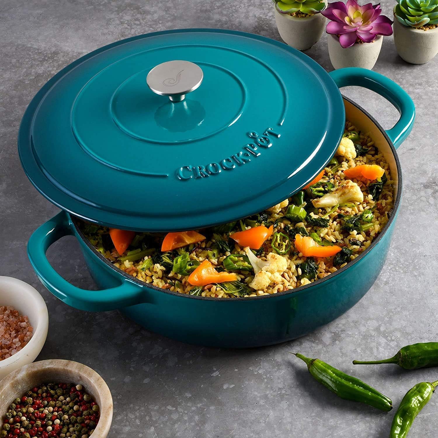 5 Quart Enameled Cast Iron Braiser Pan with Self-Basting Lid – Round Dutch Oven Casserole Dish for Roasting, Simmering & Baking – Oven Safe with Large Handles for Easy Lifting (Teal Ombre)