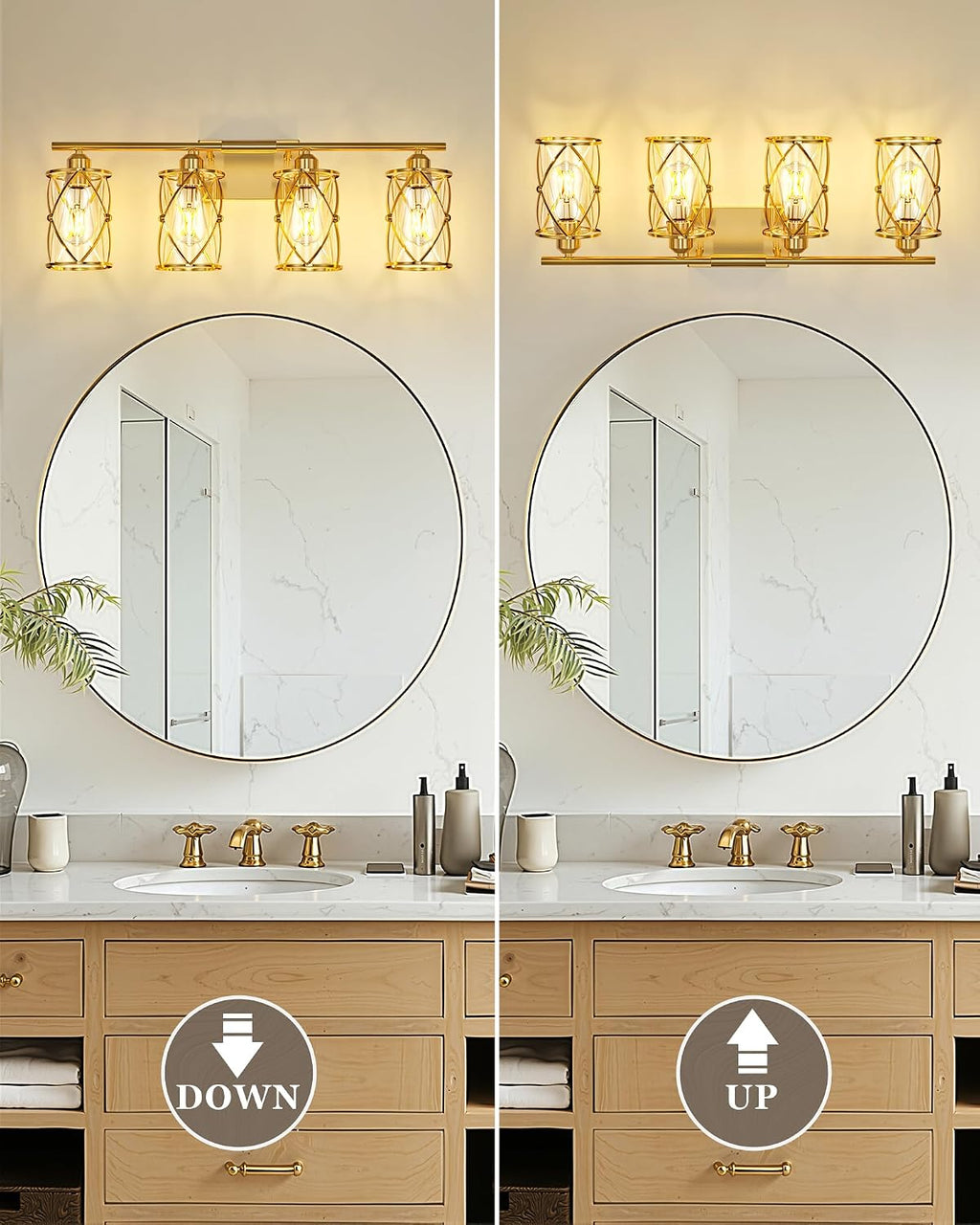 4-Light Brushed Gold Bathroom Light Fixtures, 29 Inch Modern Bathroom Vanity Lighting Fixtures Over Mirror with Clear Glass and Metal Cage Wall Sconce Lights for Bath, E26, CH9176BG-4W