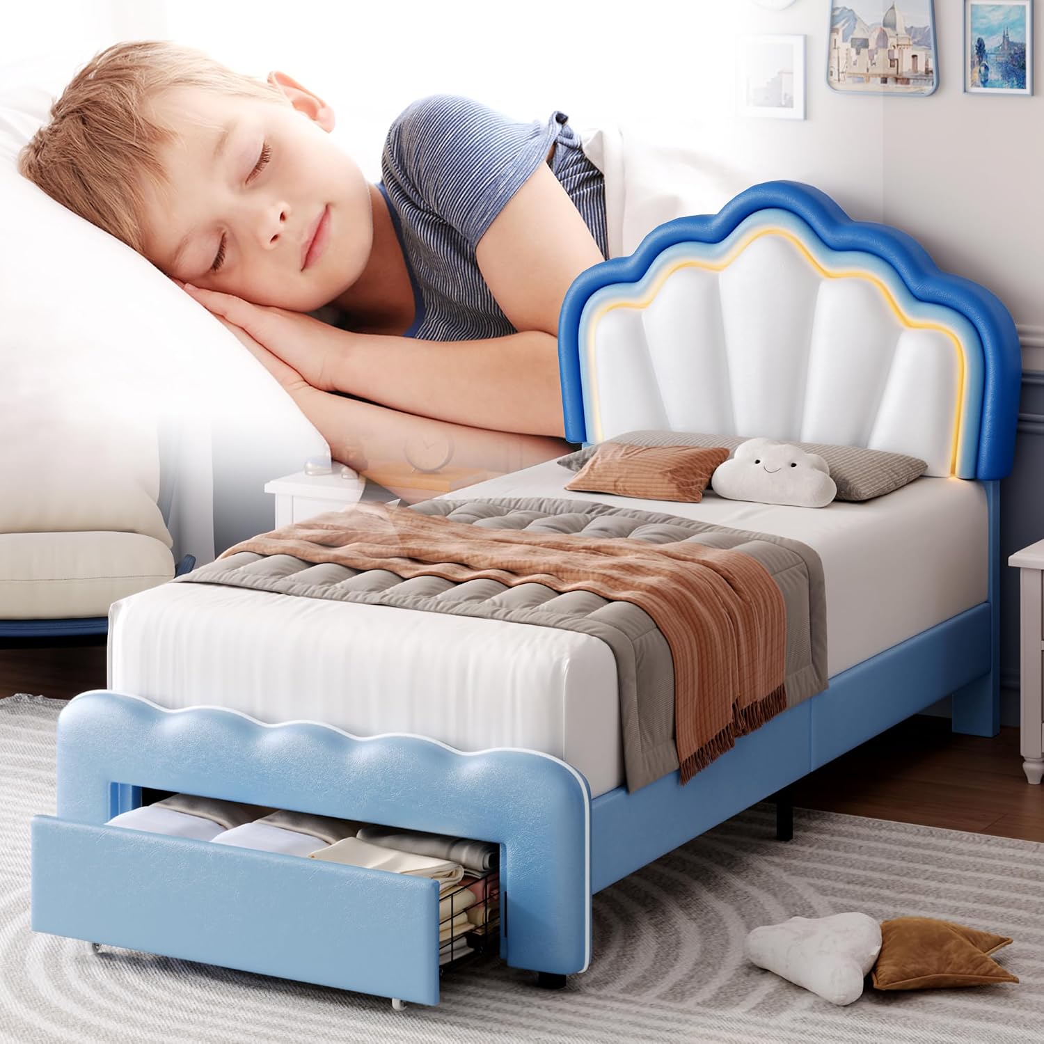 HOSTACK Twin Upholstered LED Bed Frame with Storage Drawers, Cute Boys Bed with Adjustable Lotus Headboard, Faux Leather Platform Bed Frame, Wooden Slats Support, No Box Spring Needed, Blue/White