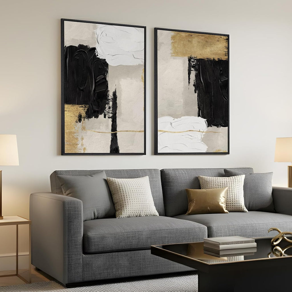 Framed Black White and Gold Abstract Wall Art for Living Room, Set of 2 Modern Minimalist Canvas Artwork for Walls, Large Neutral Pictures Prints for Bedroom Home Office Hallway Wall Decor, 24x36 Inch