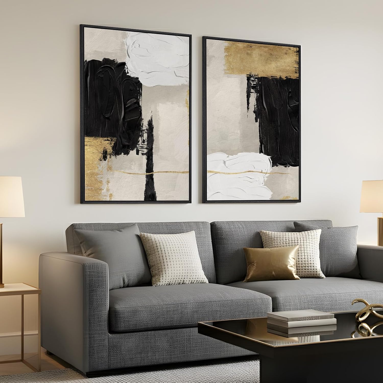 Framed Black White and Gold Abstract Wall Art for Living Room, Set of 2 Modern Minimalist Canvas Artwork for Walls, Large Neutral Pictures Prints for Bedroom Home Office Hallway Wall Decor, 24x36 Inch