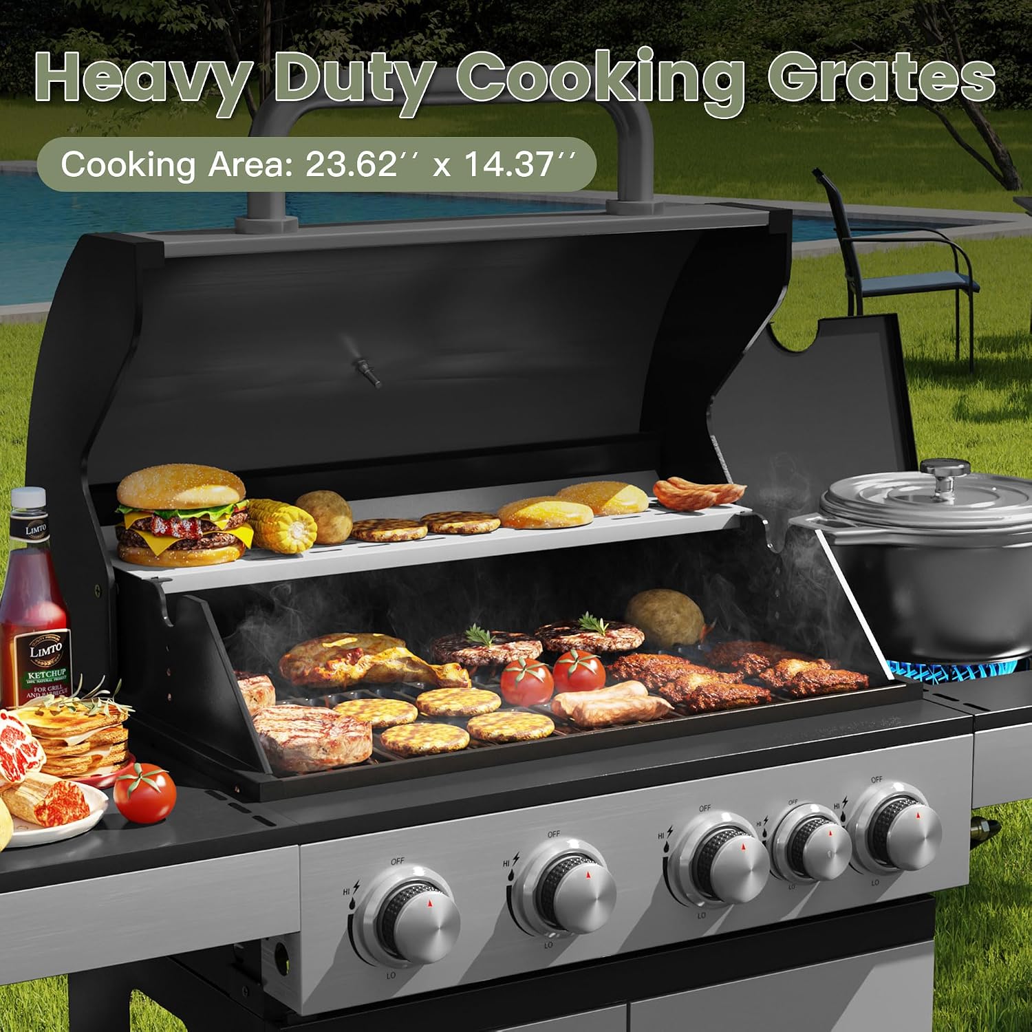 4 Burners Propane Gas Grill with Side Burner, Stainless Steel BBQ Grill with Porcelain-Enameled Cast Iron Grates, 46,500 BTU Outdoor Patio Barbeque Grill for Party, Camping, Backyard