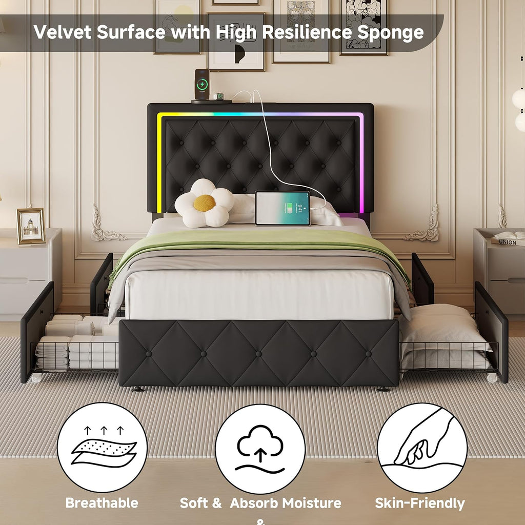 LED Twin Bed Frames with Headboard and Storage,Twin Size Bed Frames with 4 Storage Drawers and LED Lights,Velvet Upholstered Platform Twin Bed Frame with Charging Station,No Box Spring Needed,Black