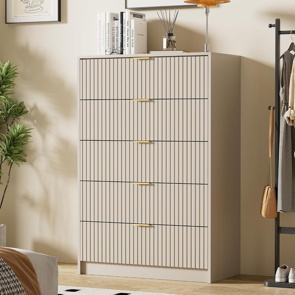 Furniway Beige Dresser for Bedroom, Modern Dresser with 5 Drawers and Smooth Slides, Wide Chest of Drawers with Golden Handles for Bedroom, Living Room, Closet, 15.7' D x 31.5' W x 47.2' H