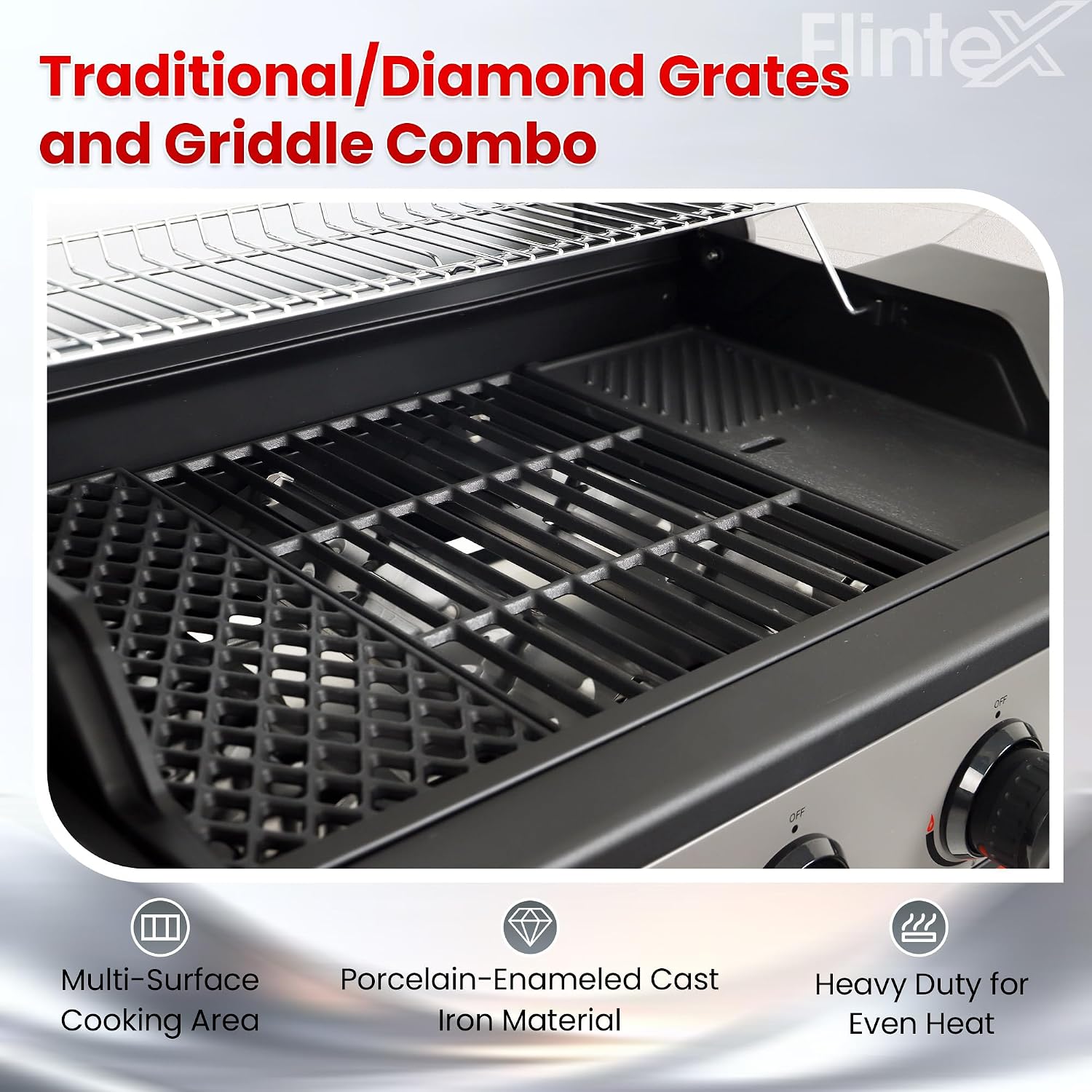 Flintex Multi-Function Propane Gas Grill with Various Grates, 4-Burner Outdoor BBQ Grill with Porcelain-Enameled Cast Iron Grates & Griddle, 52,000 BTU Output, 490 sp.in. Cooking Area, Black