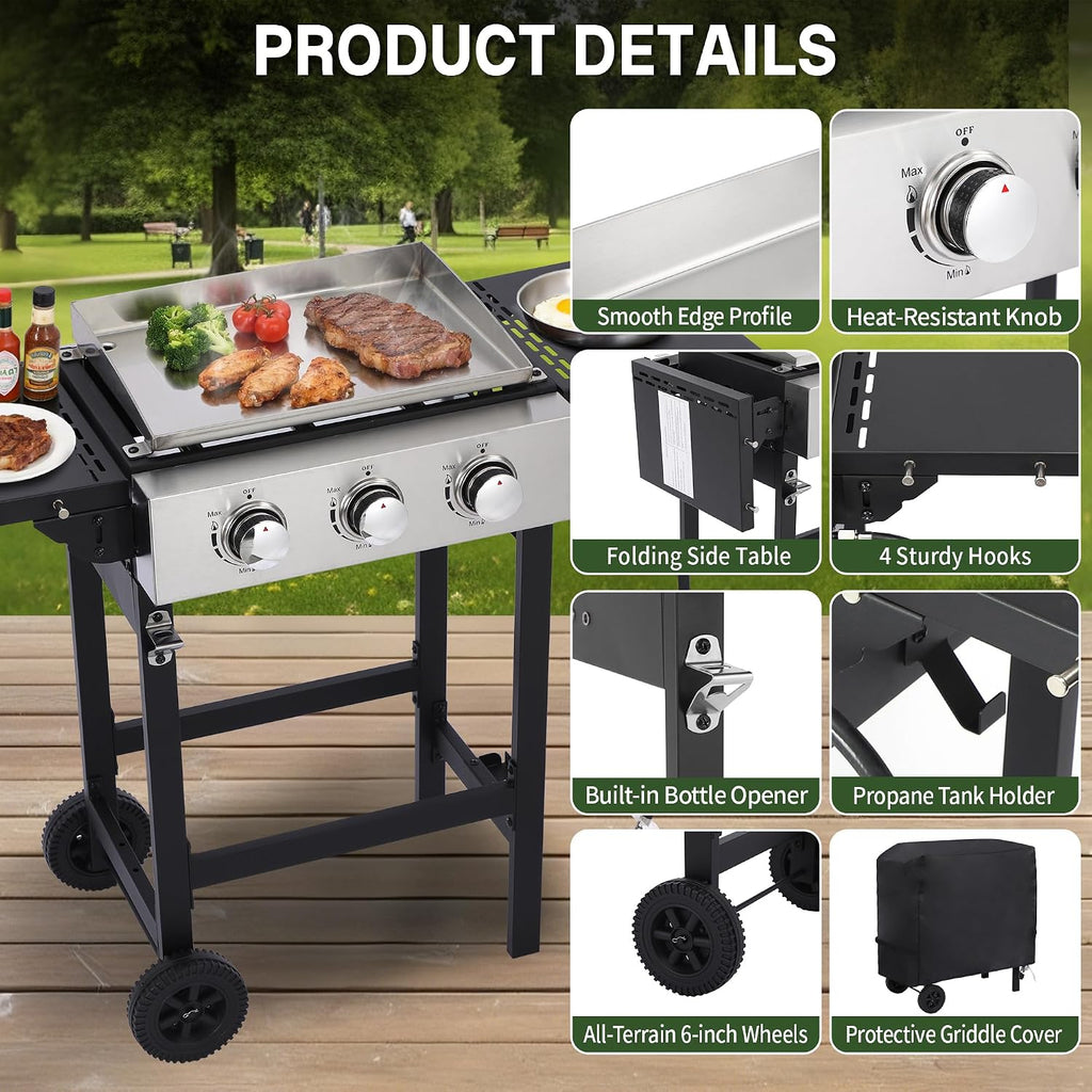 3-Burner Flat Top Grill with Folding Side Tables, Outdoor Griddle Grill with Storage Cover, 30,000 BTU Flat Grill with Stainless Steel Cooking Surface for BBQ, Camping, Tailgating