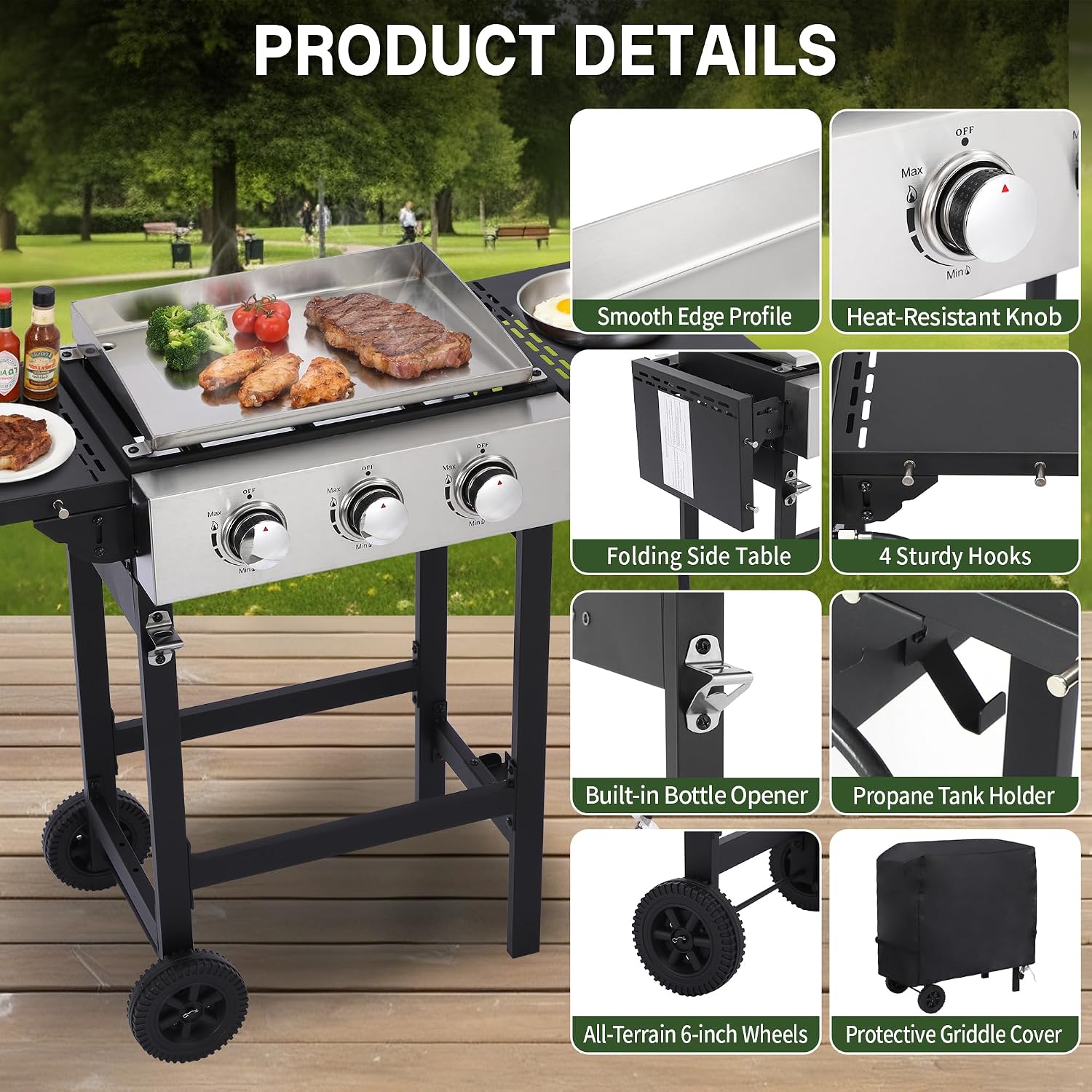 3-Burner Flat Top Grill with Folding Side Tables, Outdoor Griddle Grill with Storage Cover, 30,000 BTU Flat Grill with Stainless Steel Cooking Surface for BBQ, Camping, Tailgating