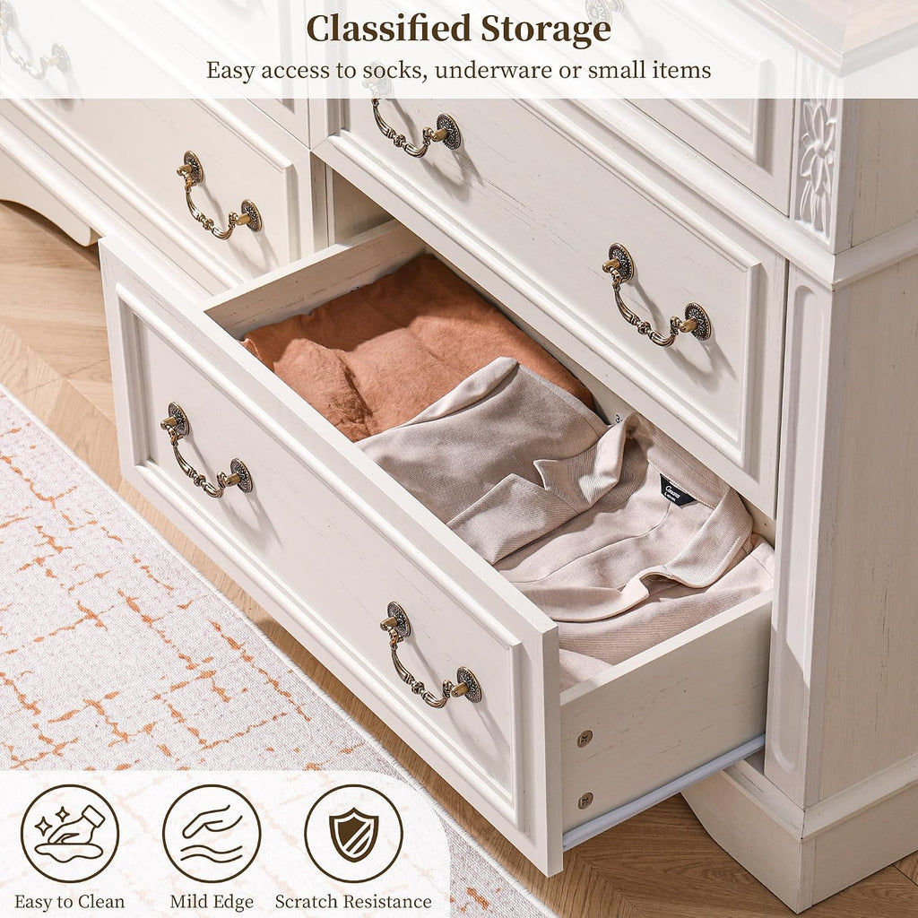 ENOUSHUFarmhouse Dresser and Nightstand Sets, 6-Drawer with 7 Drawer Dresser Sets, 2 Pieces Rustic Wood Bedroom Furniture Set for Home, Bedroom, Hallway(White)