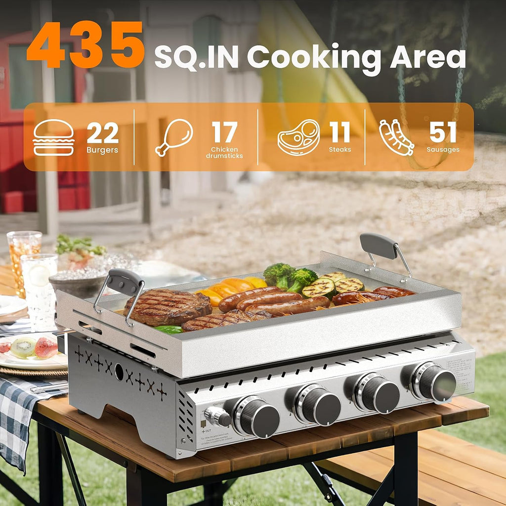 WAA Portable Propane Griddle, 32,000BTU Tabletop Portable Propane Gas Grill with 4 Burners, Stainless Steel Flat Top Grill, Outdoor Cooking for Tailgating,Camping, RVs, BBQ, Patio, Silver