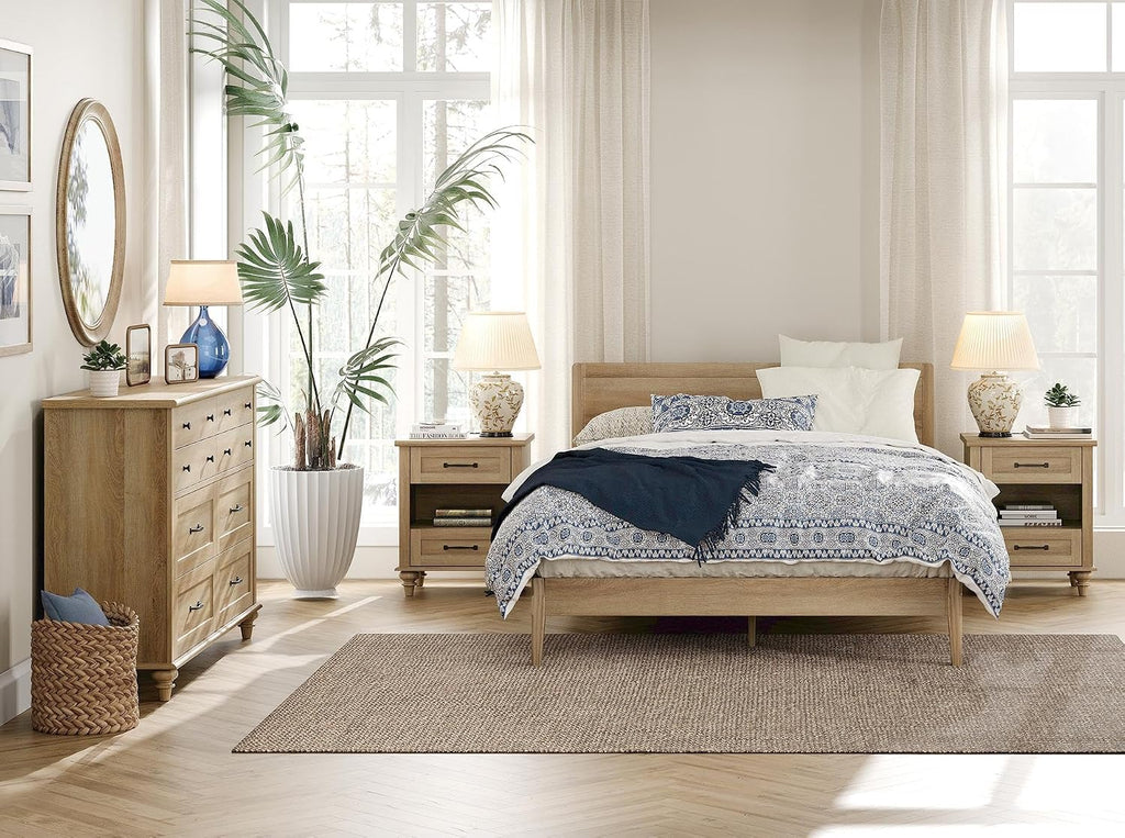 WAMPAT 3 Piece Bedroom Set - Includes Farmhouse 8 Drawer Dresser, Set of 2 Bedside Tables with Charging Station & Shelf, 3 Piece Dresser and Nightstand Sets, Oak