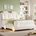 Keyluv Queen Led Car Bed Frame with Wheels Decor & Adjustable Curved Headboard Modern Upholstered Platform Bed with Detachable Pillows Solid Wooden Slats Support No Box Spring Needed, Velvet Beige