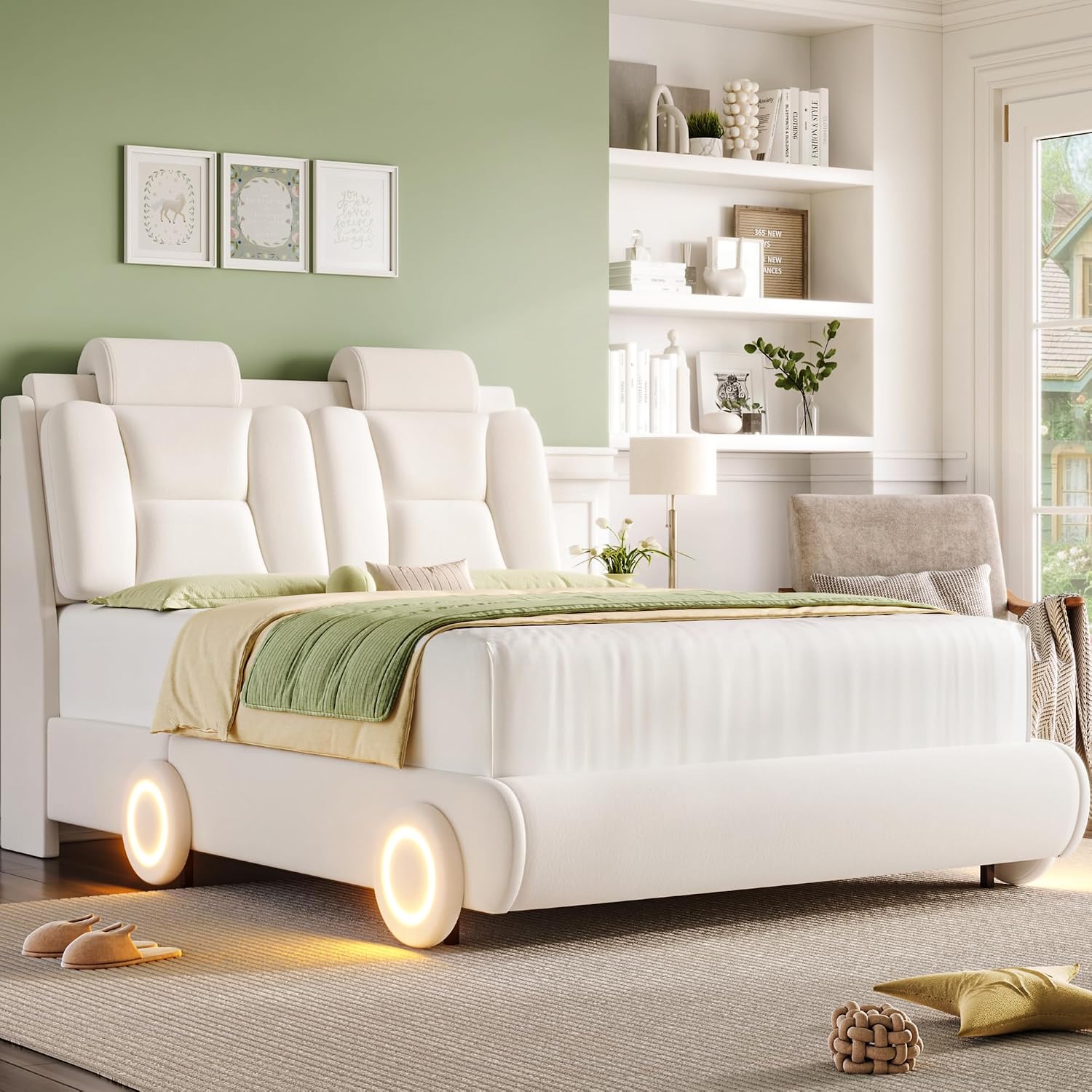 Keyluv Queen Led Car Bed Frame with Wheels Decor & Adjustable Curved Headboard Modern Upholstered Platform Bed with Detachable Pillows Solid Wooden Slats Support No Box Spring Needed, Velvet Beige