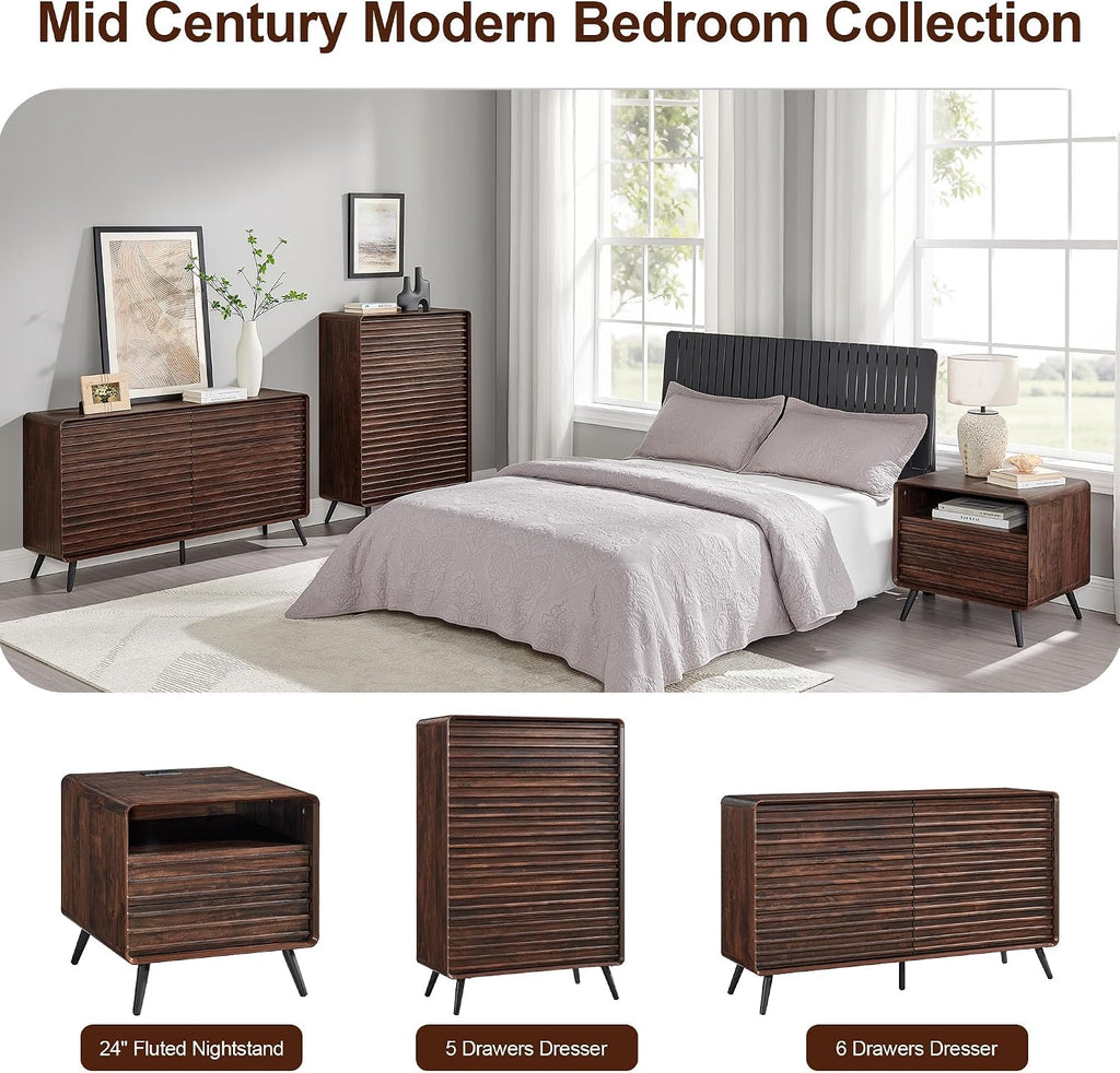 RedLemon 5 Drawers Dresser for Bedroom, 48'' Tall Mid Century Modern Wood Fluted Dresser, Chest of Drawers with Tapered Leg for Bedroom, Living Room, Hallway, Closet, Dark Walnut