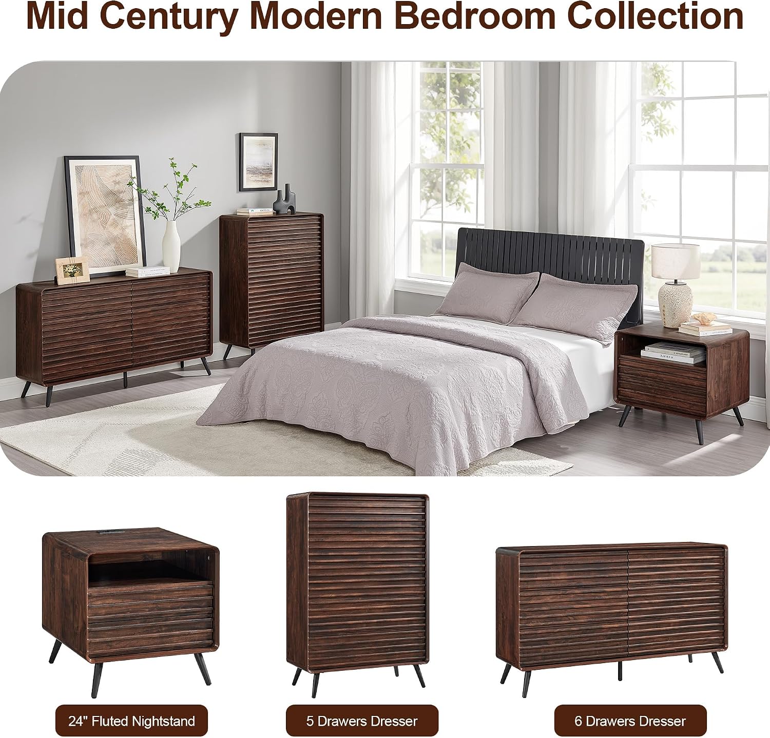 RedLemon 5 Drawers Dresser for Bedroom, 48'' Tall Mid Century Modern Wood Fluted Dresser, Chest of Drawers with Tapered Leg for Bedroom, Living Room, Hallway, Closet, Dark Walnut
