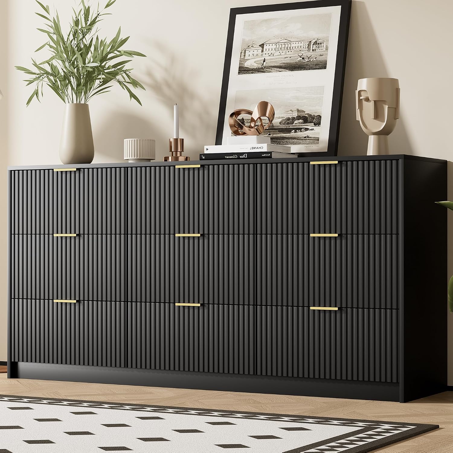 Furniway Black Dresser for Bedroom, Modern Dresser with 9 Drawers and Smooth Slides, Wide Chest of Drawers with Golden Handles for Bedroom, Living Room, Closet, 15.7' D x 63' W x 31.5' H
