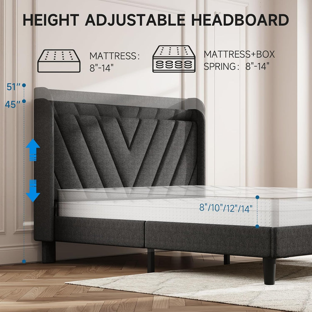 koorlian Full Size Bed Frame, Full Bed Frame with Headboard, Adjustable Upholstered Bed Frame with Type-C&USB Port, Wingback Storage Headboard, Noiseless, No Box Spring Needed, Dark Gray
