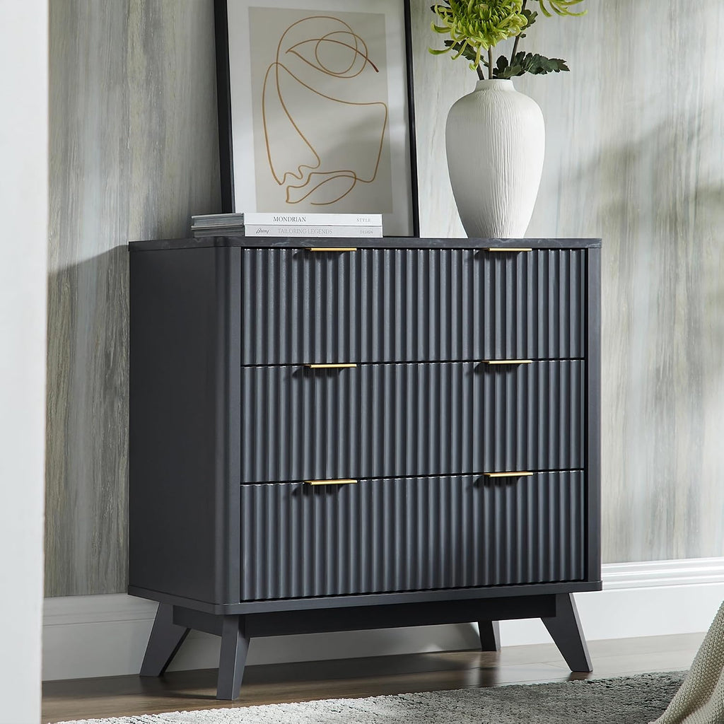 T4TREAM Fluted 3 Drawers Nightstand, Oversized Extra Large Modern Side Table with Faux Marble Top, End Table Bedside for Bedroom, Living Room, Curved Profile Design, Dark Grey