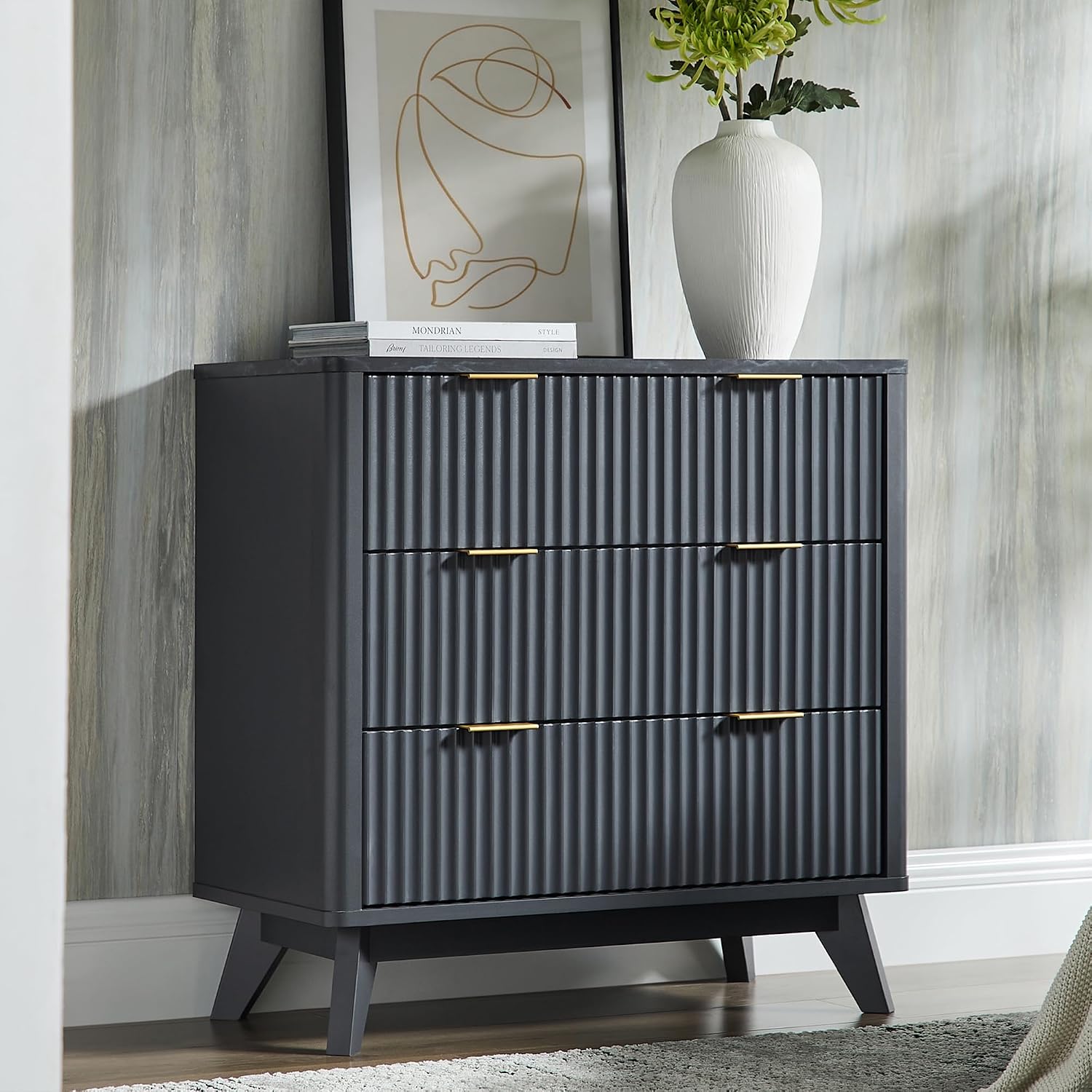 T4TREAM Fluted 3 Drawers Nightstand, Oversized Extra Large Modern Side Table with Faux Marble Top, End Table Bedside for Bedroom, Living Room, Curved Profile Design, Dark Grey