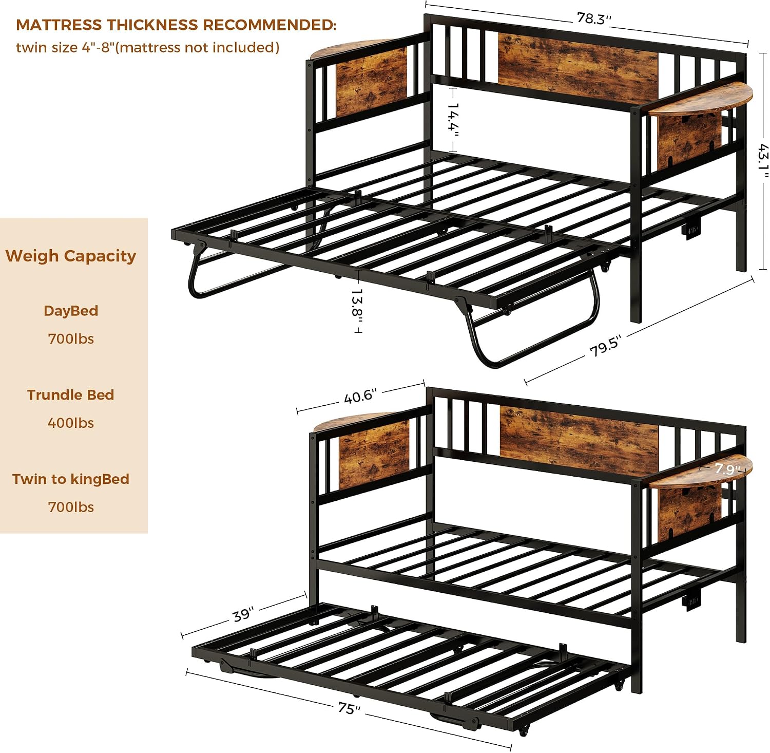 LIKIMIO Daybed with Trundle & Foldable Headboard, 700lbs Metal Twin Bed Frame with LED Lights and Charging Station, Industrial Day Bed for Bedroom, Living Room, Black