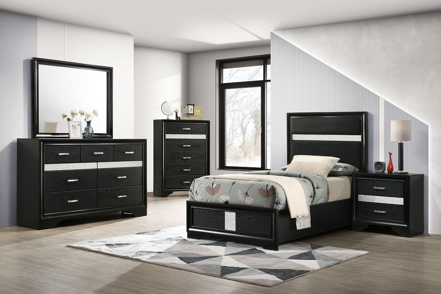 Coaster Home Furnishings Miranda Contemporary 5-Piece Bedroom Set Fabric Upholstered Twin Size Panel Bed Frame 54-inch Headboard Black 206360T-S5