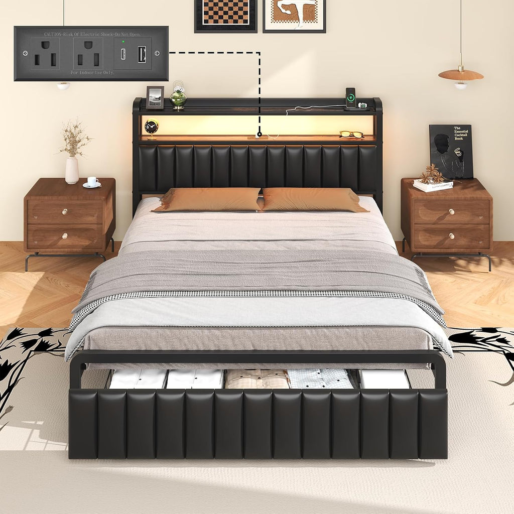 LOEWAY Queen Storage Bed Frame, Upholstered Platform with Drawers and Headboard, LED Lights & Charging Station, Under Bed Storage, No Box Spring Needed, Black