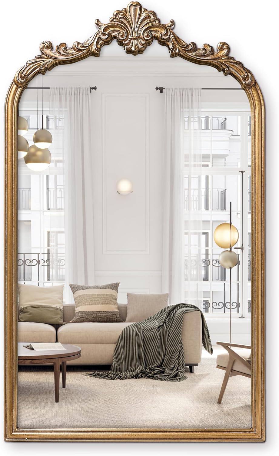 Wylde Iris English Estate Carved Arch Wood Wall Mirror, Mirror for Entryway, Living Room, Bathroom, Antique Gold, 20.4x33