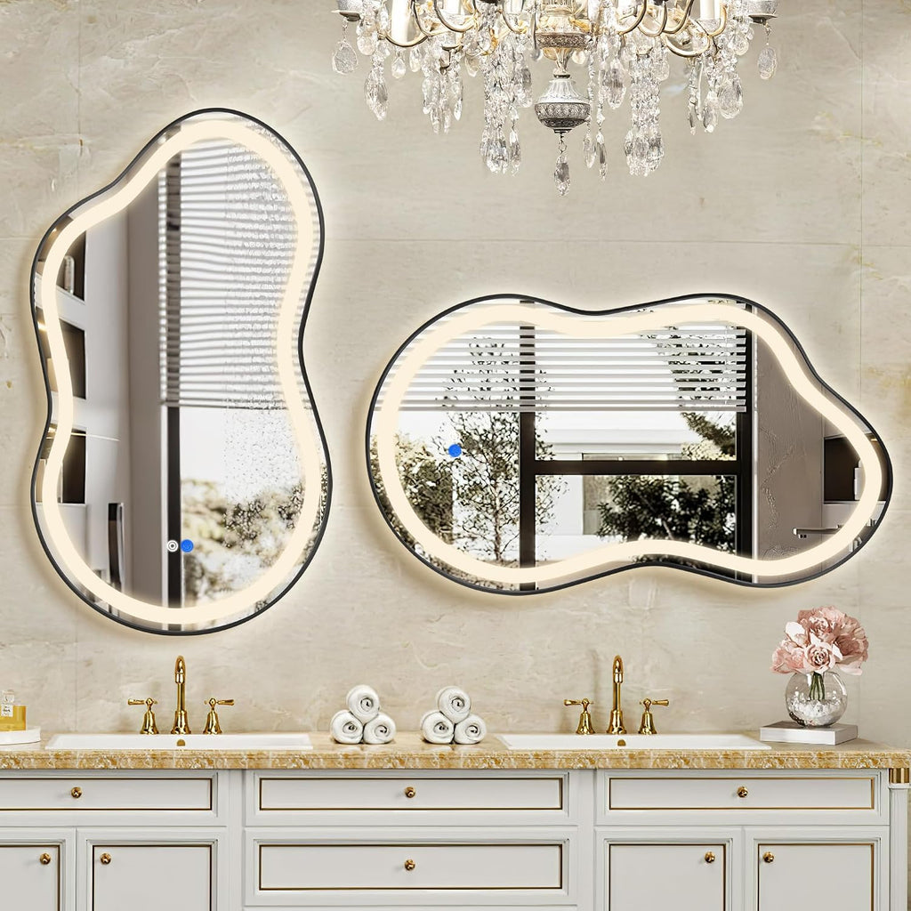 Irregular LED Bathroom Mirror with Lights, Cloud Smart Backlit Mirror, Dimmable Lighted Bathroom Mirror with Anti-Fog, Asymmetrical Vanity Mirror Hangable 2 Ways (Black, 24' x 36', 2 Pack)