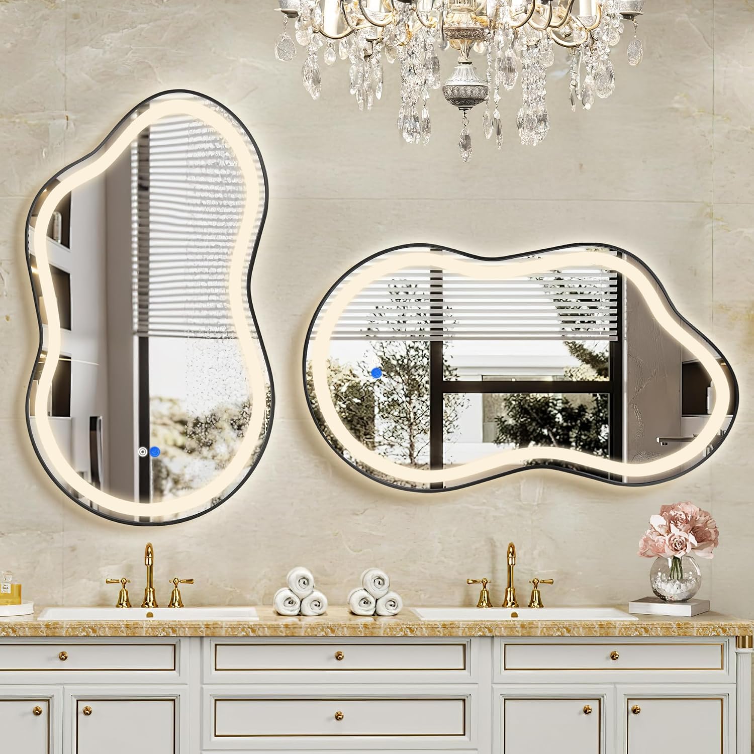Irregular LED Bathroom Mirror with Lights, Cloud Smart Backlit Mirror, Dimmable Lighted Bathroom Mirror with Anti-Fog, Asymmetrical Vanity Mirror Hangable 2 Ways (Black, 24' x 36', 2 Pack)
