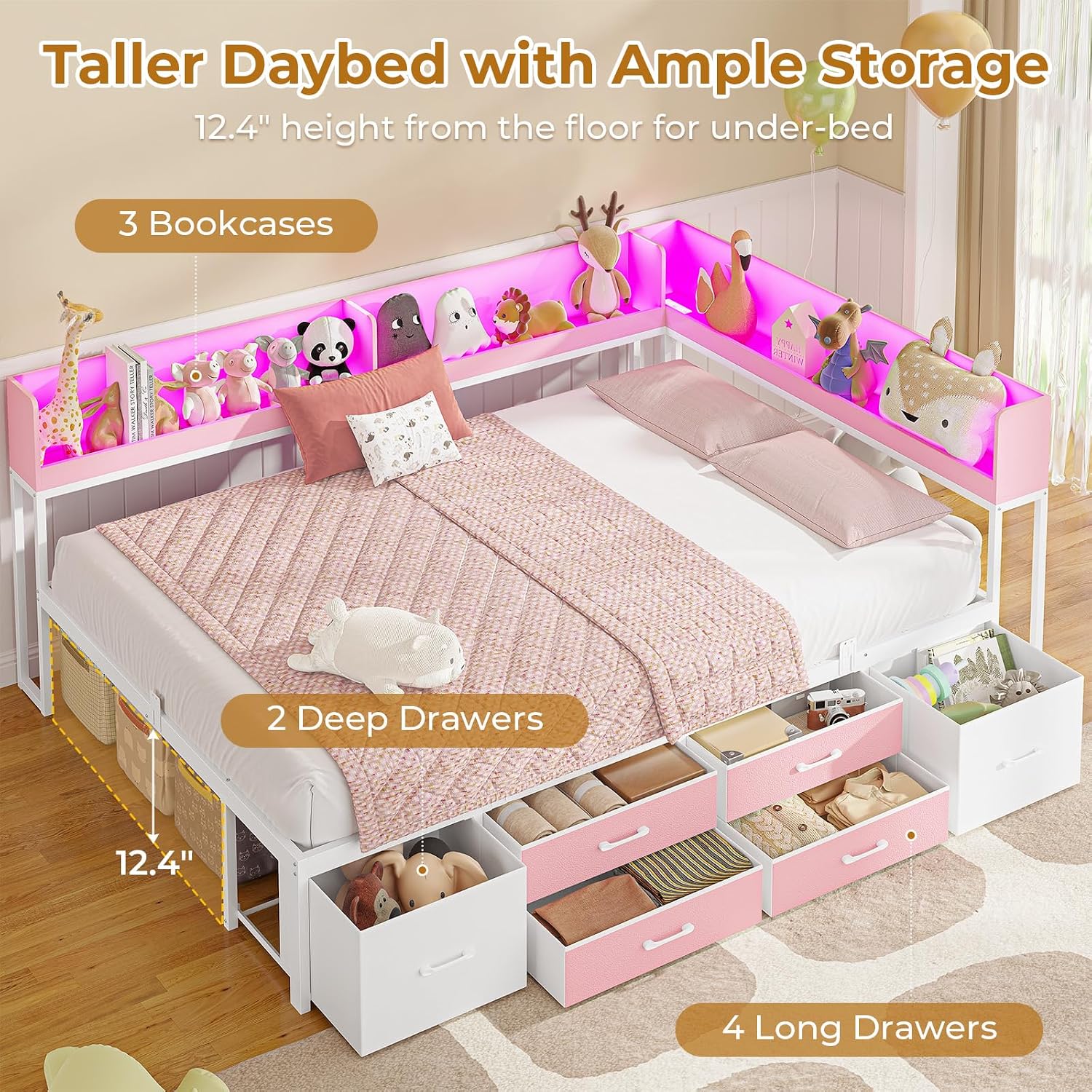 MSmask 14 Inch Corner Bed Frame with Bookcase Storage, Full Daybed with 6 Drawers, Charging Station and LED Light, Full Size Metal Platform Bed Frame for Kids Teenagers, Pink