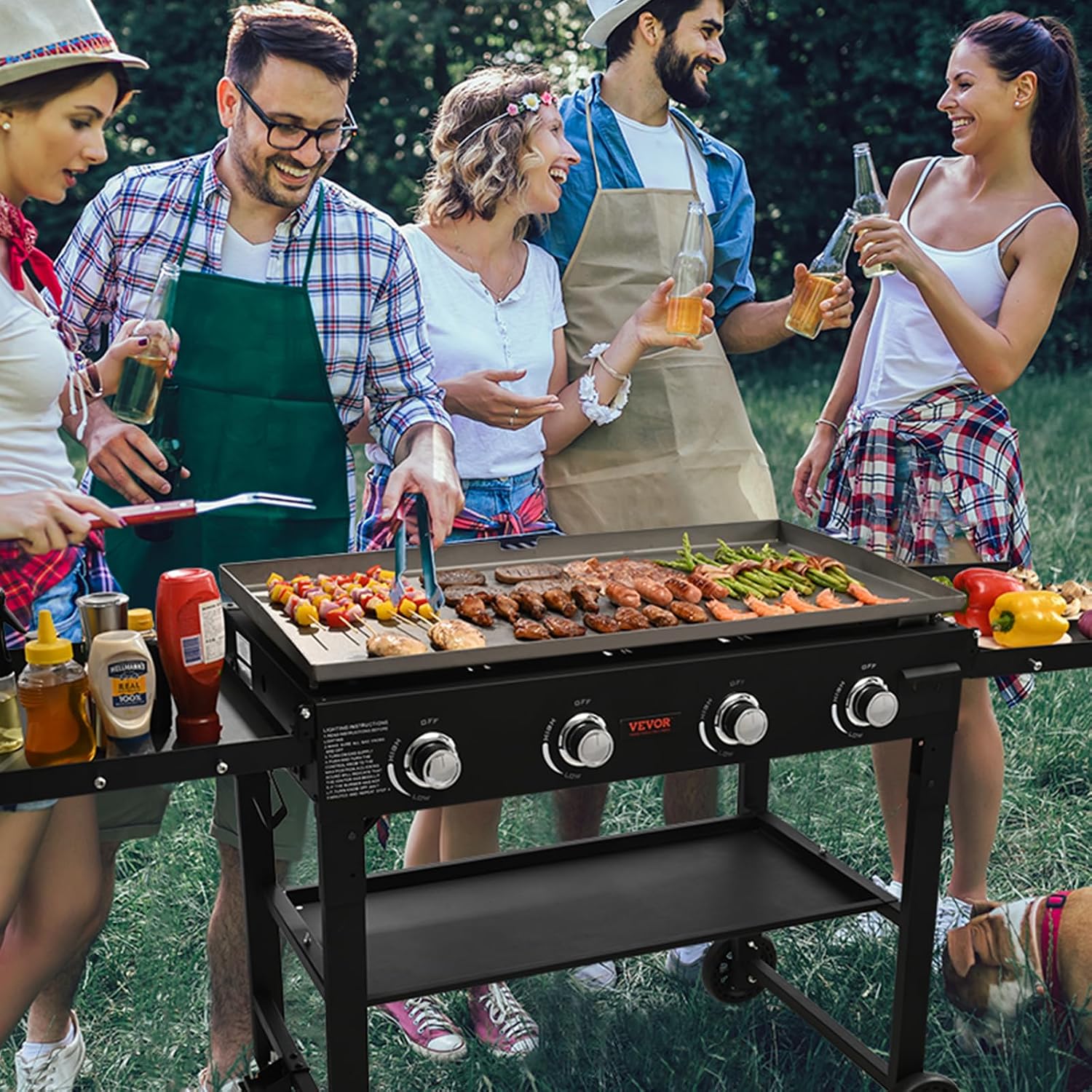 Propane Griddle on Cart, 36' Heavy Duty Manual Flat Top Griddle, Outdoor Cooking Station with Side Shelves, Steel Propane Gas Griddle, 4-Burners Restaurant Portable Grill - 60,000 BTU