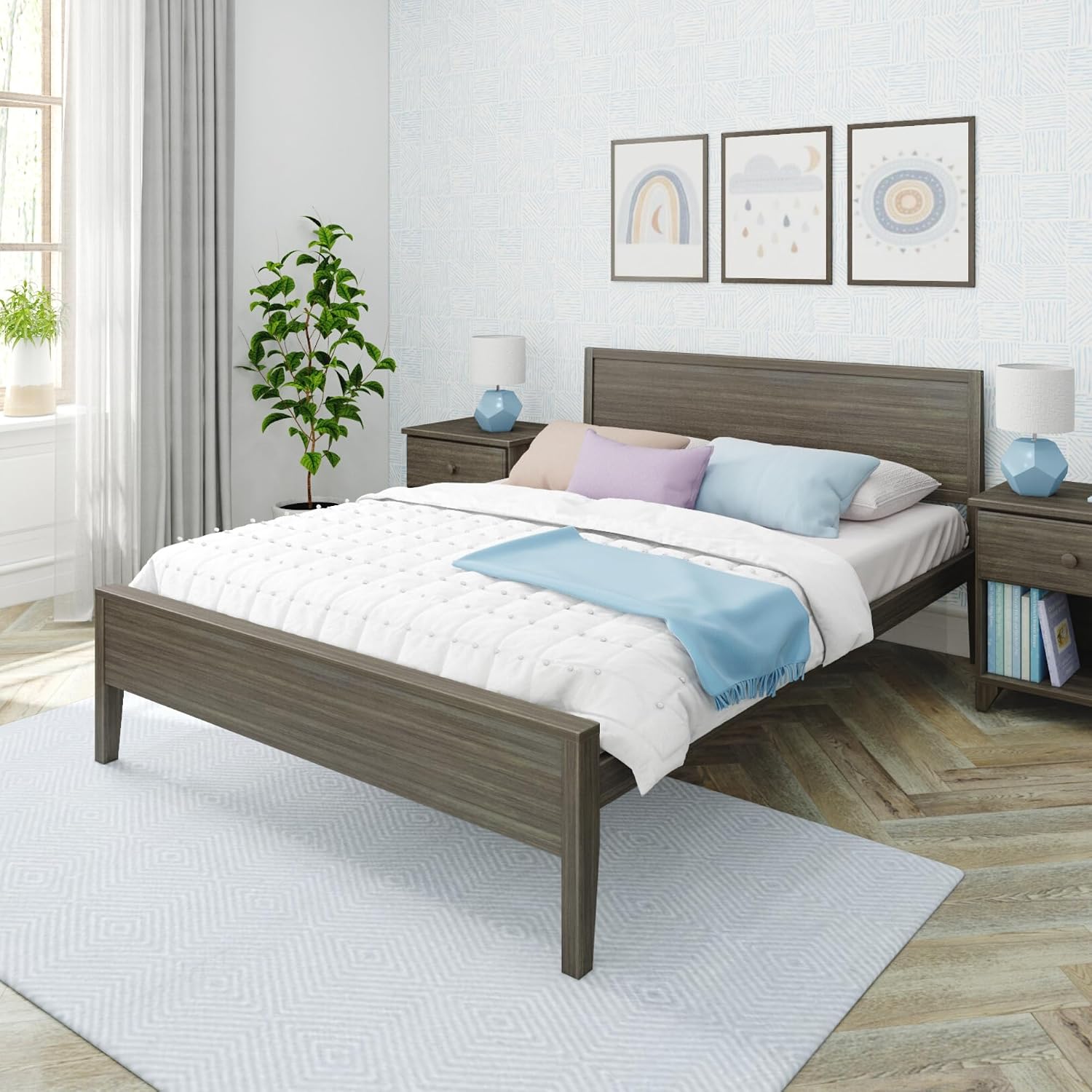 Max & Lily Queen Bed, Solid Wood Queen Bed Frame with Panel Headboard, Kids Queen Bed with Wood Slat Support, No Box Spring Needed, Clay