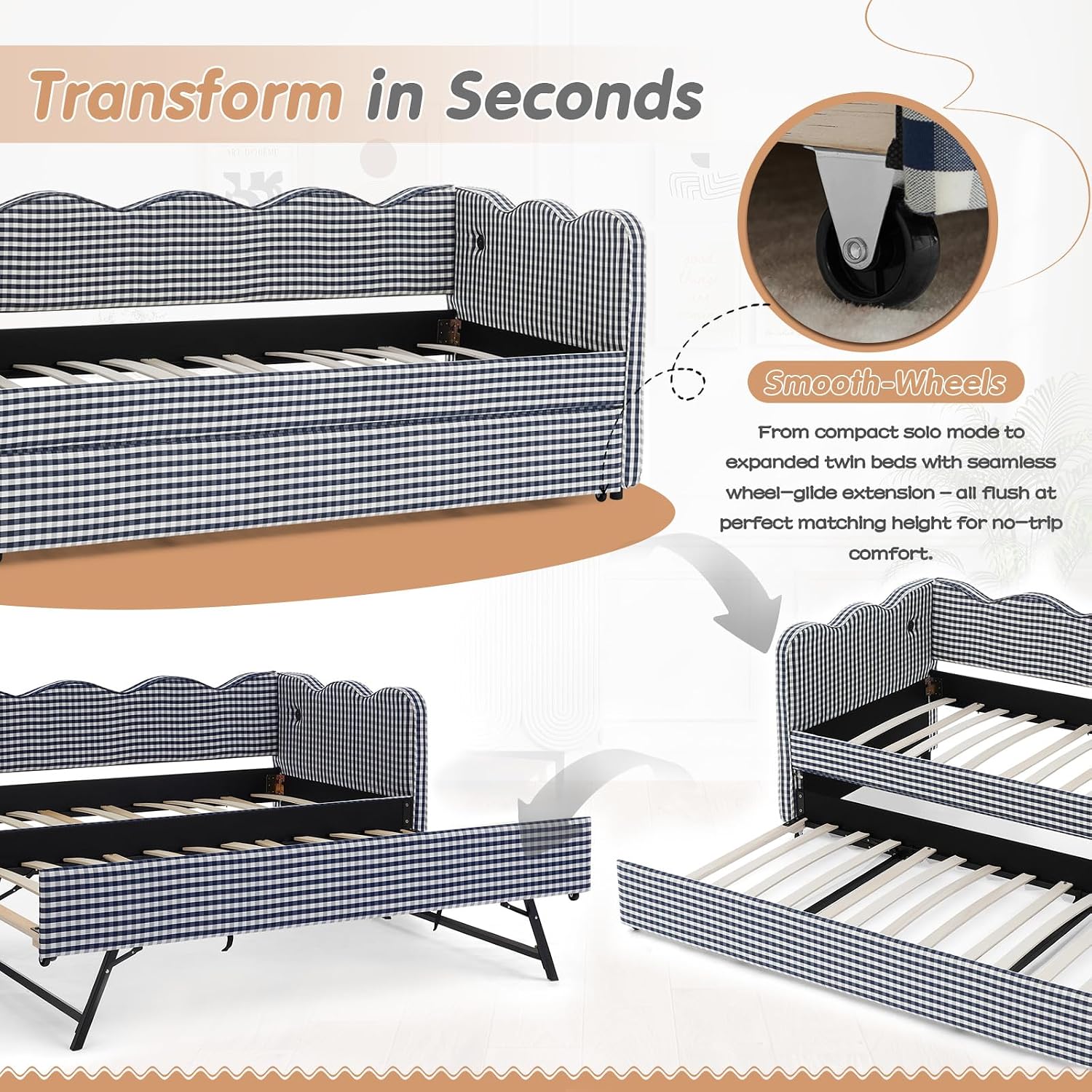 Deolme Twin to King Daybed with Trundle, USB Ports Soft Upholstered Daybed with Pop Up Trundle Bed Twin, Modern Extendable Day Bed Frame for Kids Bedroom Living Room Guest Room Small Places Navy Blue