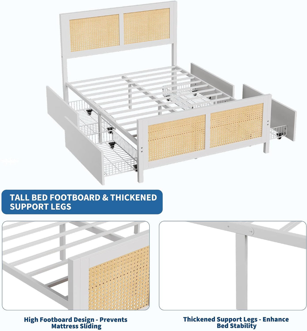 GarveeHome White Rattan Bed Frame with Headboard, Boho Cane Platform Full Size Bed Frame with 4 Drawers, Strong Metal Slats Support, Noise Free, No Box Spring Needed