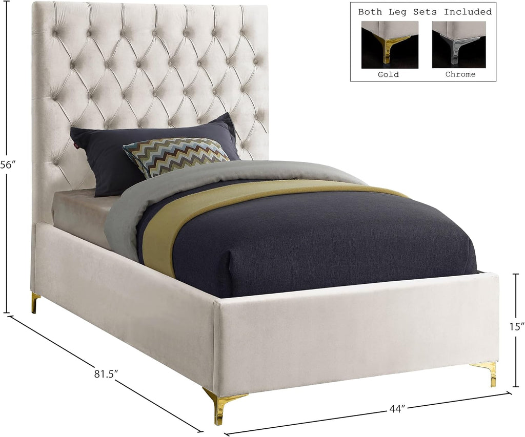 Meridian Furniture Cruz Collection Modern | Contemporary Velvet Upholstered Bed with Deep Button Tufting and Complete Sets of Gold and Chrome Legs Included, Twin, Cream