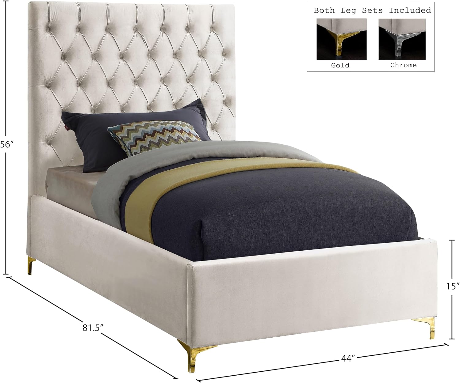 Meridian Furniture Cruz Collection Modern | Contemporary Velvet Upholstered Bed with Deep Button Tufting and Complete Sets of Gold and Chrome Legs Included, Twin, Cream