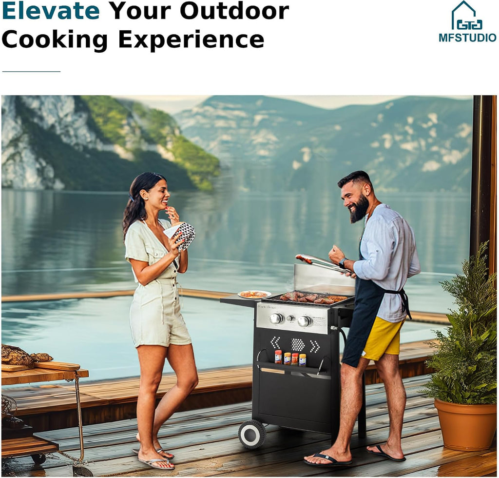 MFSTUDIO 2-Burner Propane Gas BBQ Grill with Cast Iron Griddle Pan, 20,000 BTU Output Small Barbecue Grill for Outdoor, Patio, Backyard and Balcony