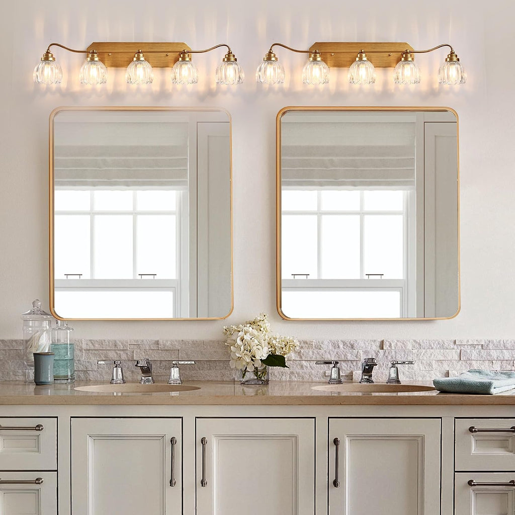 Vintage Bathroom Light Fixtures, 5 Light Gold Bathroom Vanity Light, Matte Antique Brass Finish with Crystal Glass Shade, Wall Sconces Lighting for Bedroom, Living Room, Hallway