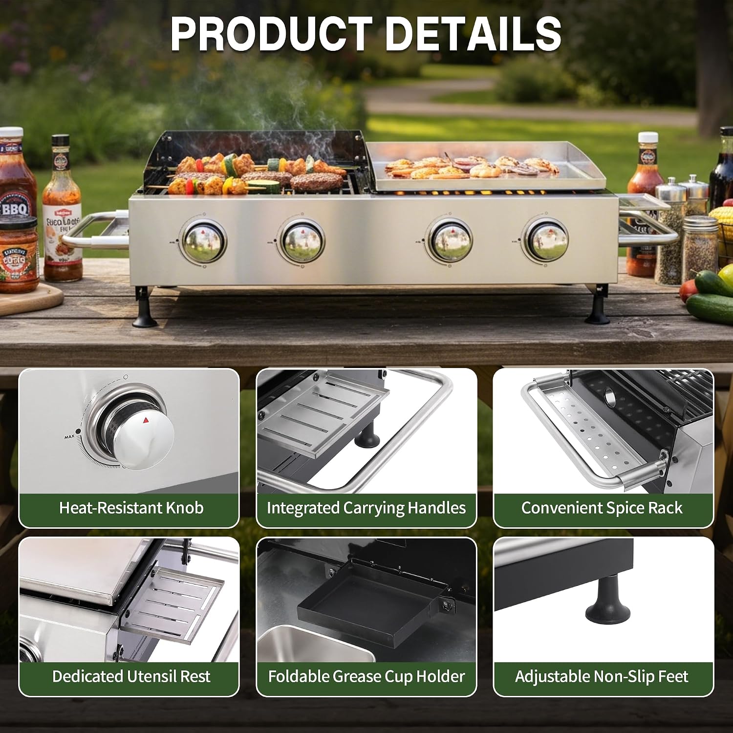 Gas Grill and Griddle Combo, 4-Burner Propane Grill with Cast Iron Grates and Stainless Steel Griddle, 40,000 BTU Tabletop Grill Griddle Combo for Outdoor BBQ, Camping, Tailgating