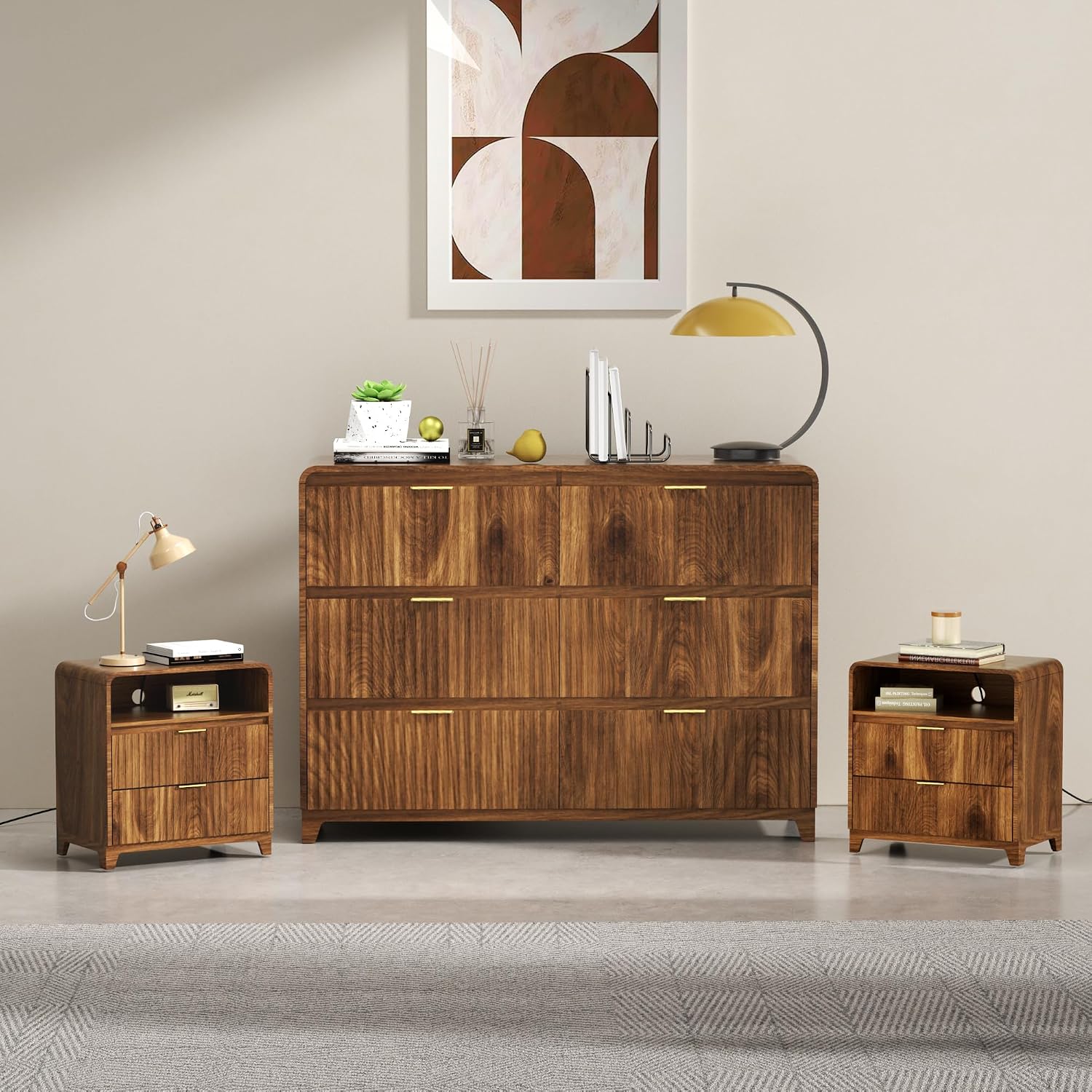 6 Drawer Dresser and 2 Nightstand Sets for Bedroom 3 Pcs Bedroom Set, Modern 47.2' Fluted Dresser with Invisible Handles Nightstand Charging Station, Bedroom Furniture Set for Living Room, Black